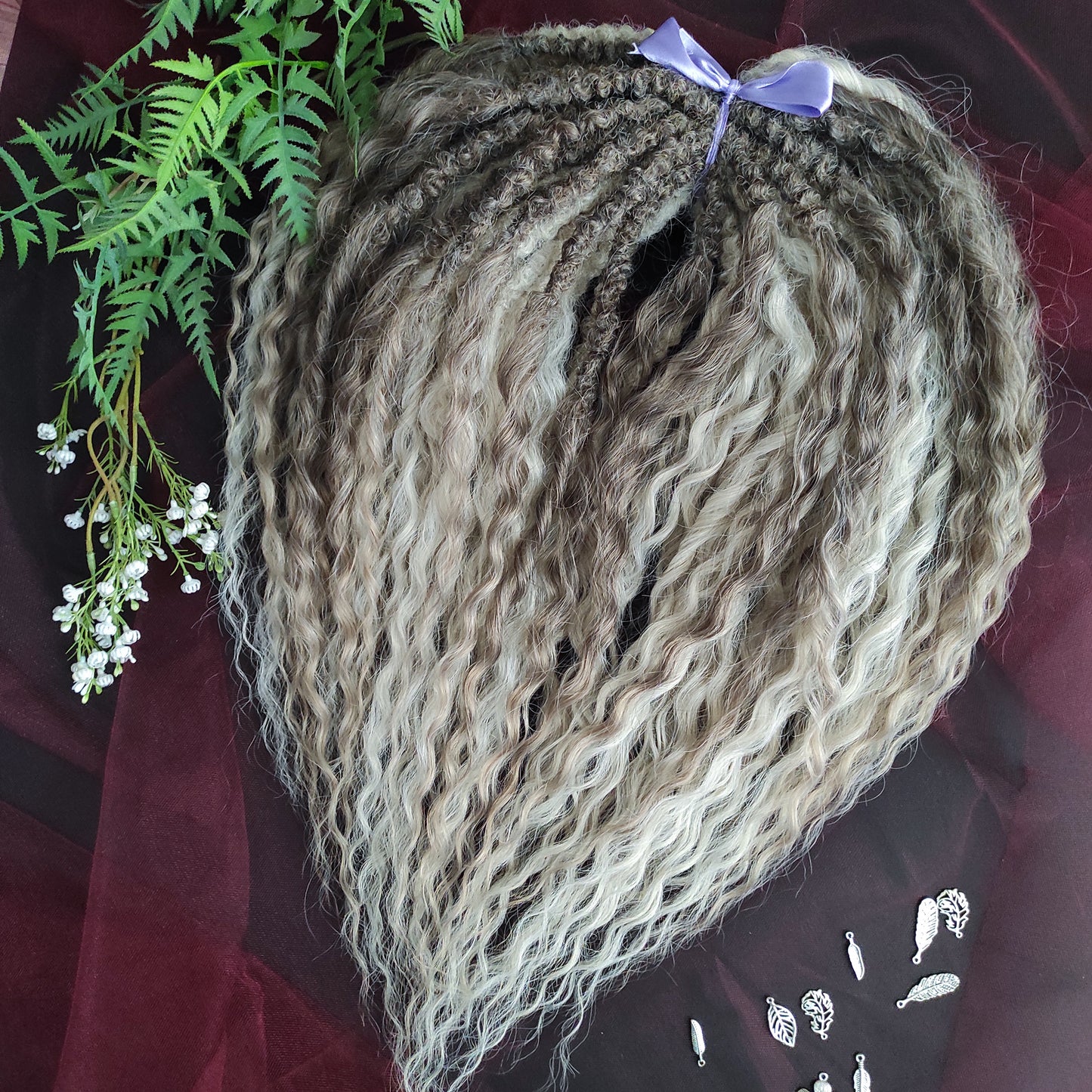 Soft, lightweight, and reusable synthetic set of 2 shades of blonde double ended regular curls (NOT BRUSHABLE): platinum blonde and ombre from light brown to wheat blonde.