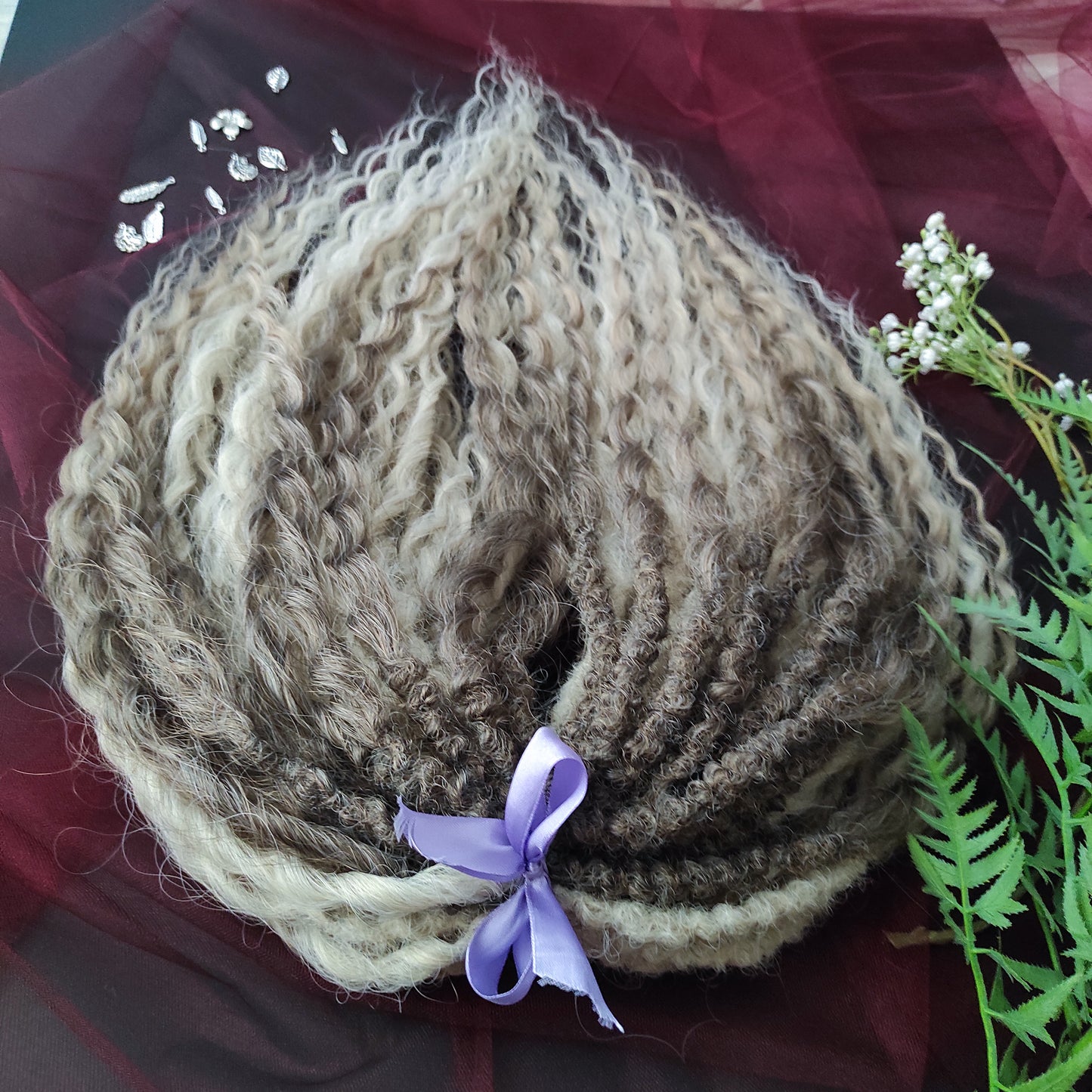 Soft, lightweight, and reusable synthetic set of 2 shades of blonde double ended regular curls (NOT BRUSHABLE): platinum blonde and ombre from light brown to wheat blonde.