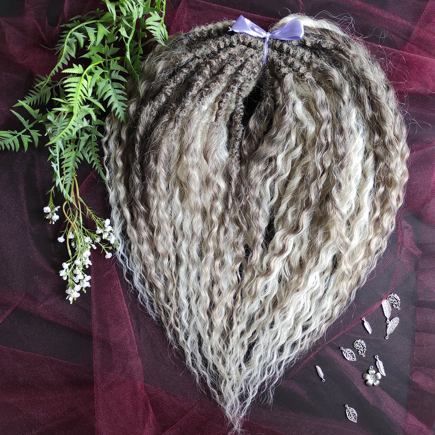 Soft, lightweight, and reusable synthetic set of 2 shades of blonde double ended regular curls (NOT BRUSHABLE): platinum blonde and ombre from light brown to wheat blonde.