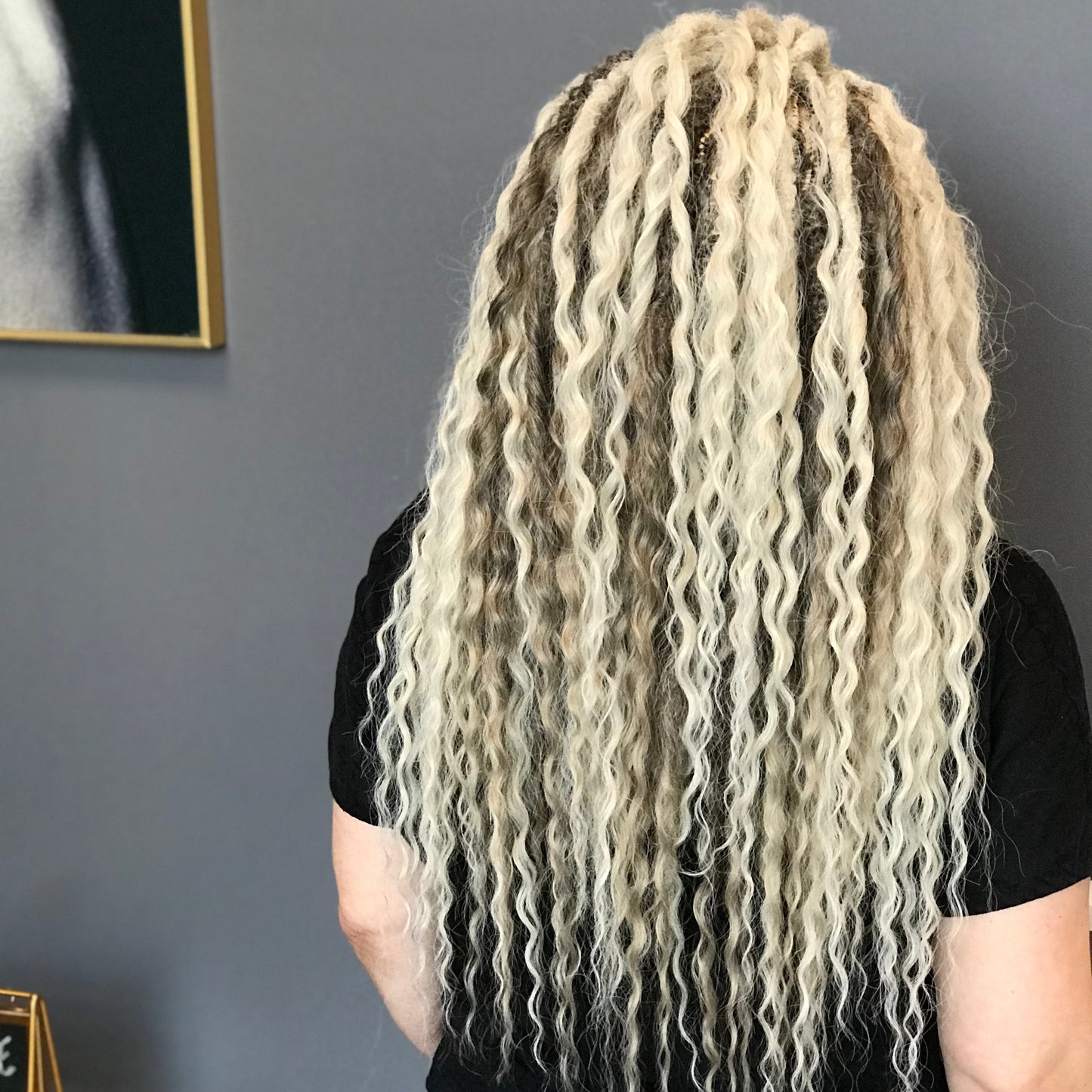 Soft, lightweight, and reusable synthetic set of 2 shades of blonde double ended regular curls (NOT BRUSHABLE): platinum blonde and ombre from light brown to wheat blonde.