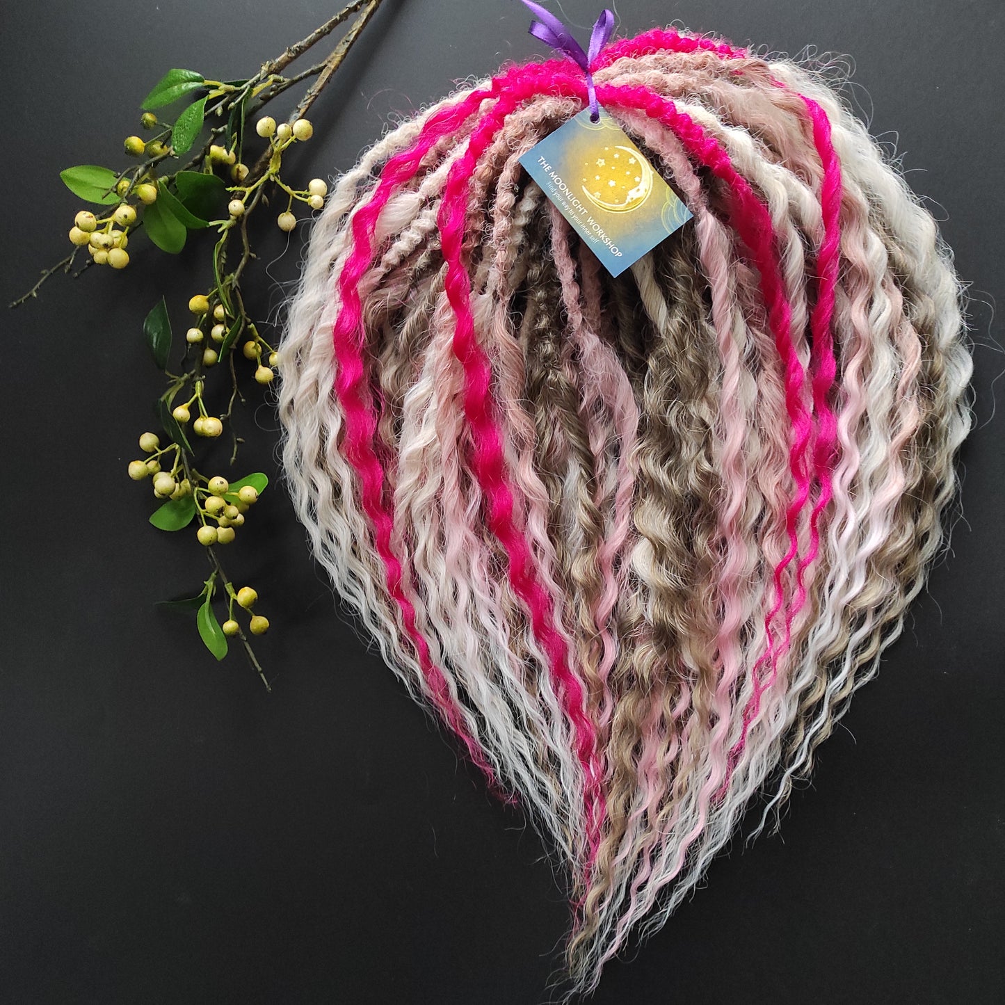 Rosé Sorbet - soft, lightweight, and reusable synthetic set of 4 colors double ended regular curls (NOT BRUSHABLE):
- platinum blonde
- ombre from light brown to wheat blonde
- ombre from nude blonde to pink and white
- fuchsia pink