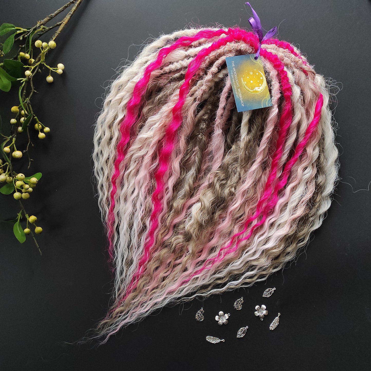 Rosé Sorbet - soft, lightweight, and reusable synthetic set of 4 colors double ended regular curls (NOT BRUSHABLE):
- platinum blonde
- ombre from light brown to wheat blonde
- ombre from nude blonde to pink and white
- fuchsia pink