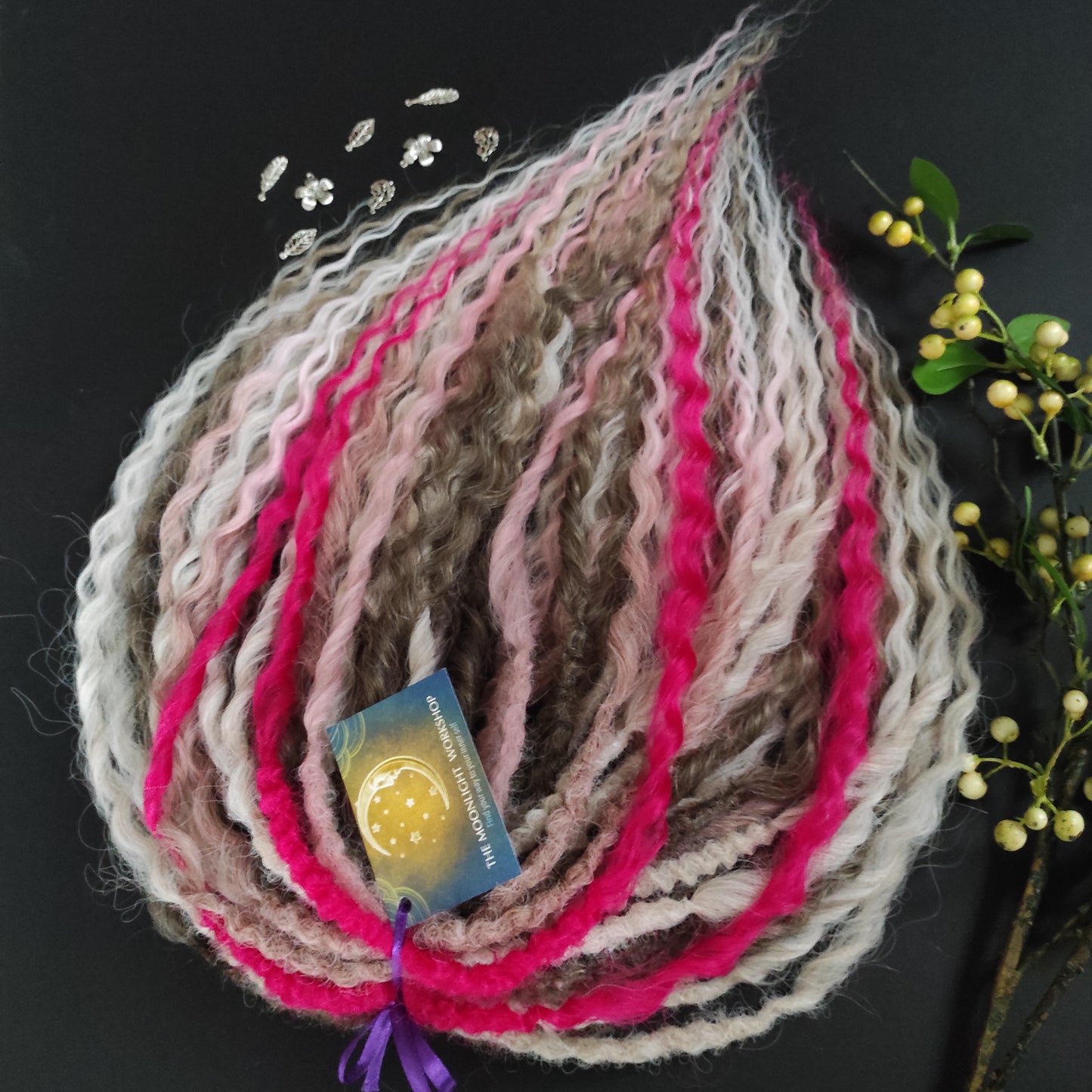 Rosé Sorbet - soft, lightweight, and reusable synthetic set of 4 colors double ended regular curls (NOT BRUSHABLE):
- platinum blonde
- ombre from light brown to wheat blonde
- ombre from nude blonde to pink and white
- fuchsia pink