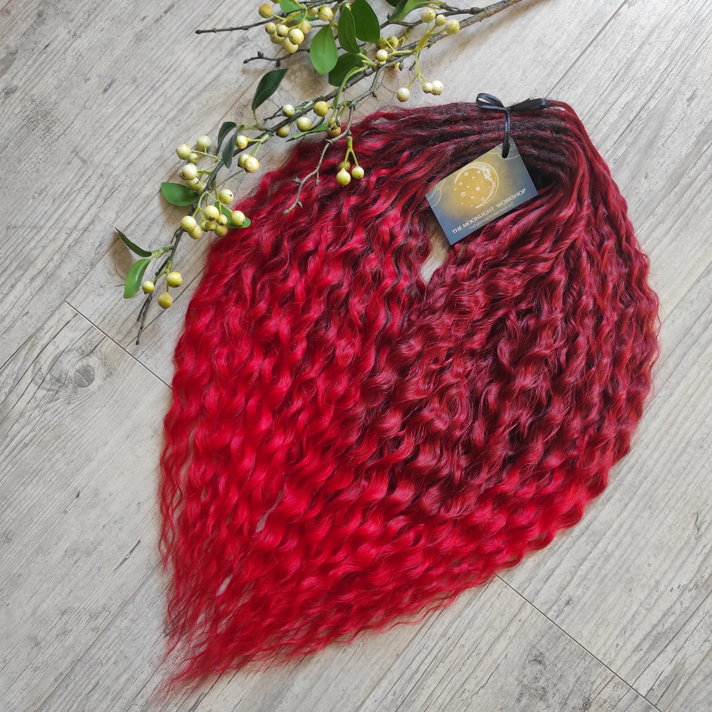 Ombre from dark to bloody red, soft, lightweight, and reusable synthetic double ended regular curls (NOT BRUSHABLE).