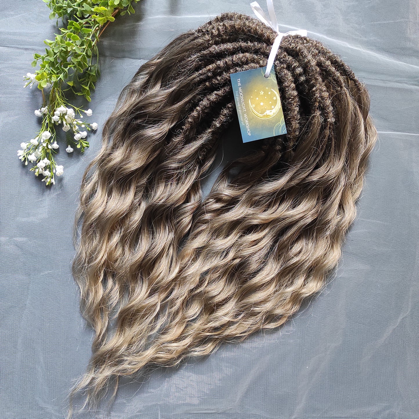 Ash ombre from light brown to wheat blonde soft, lightweight, and reusable synthetic brushable double ended wavy dreadlocks (regular dreaded, braided middle or push-up).
