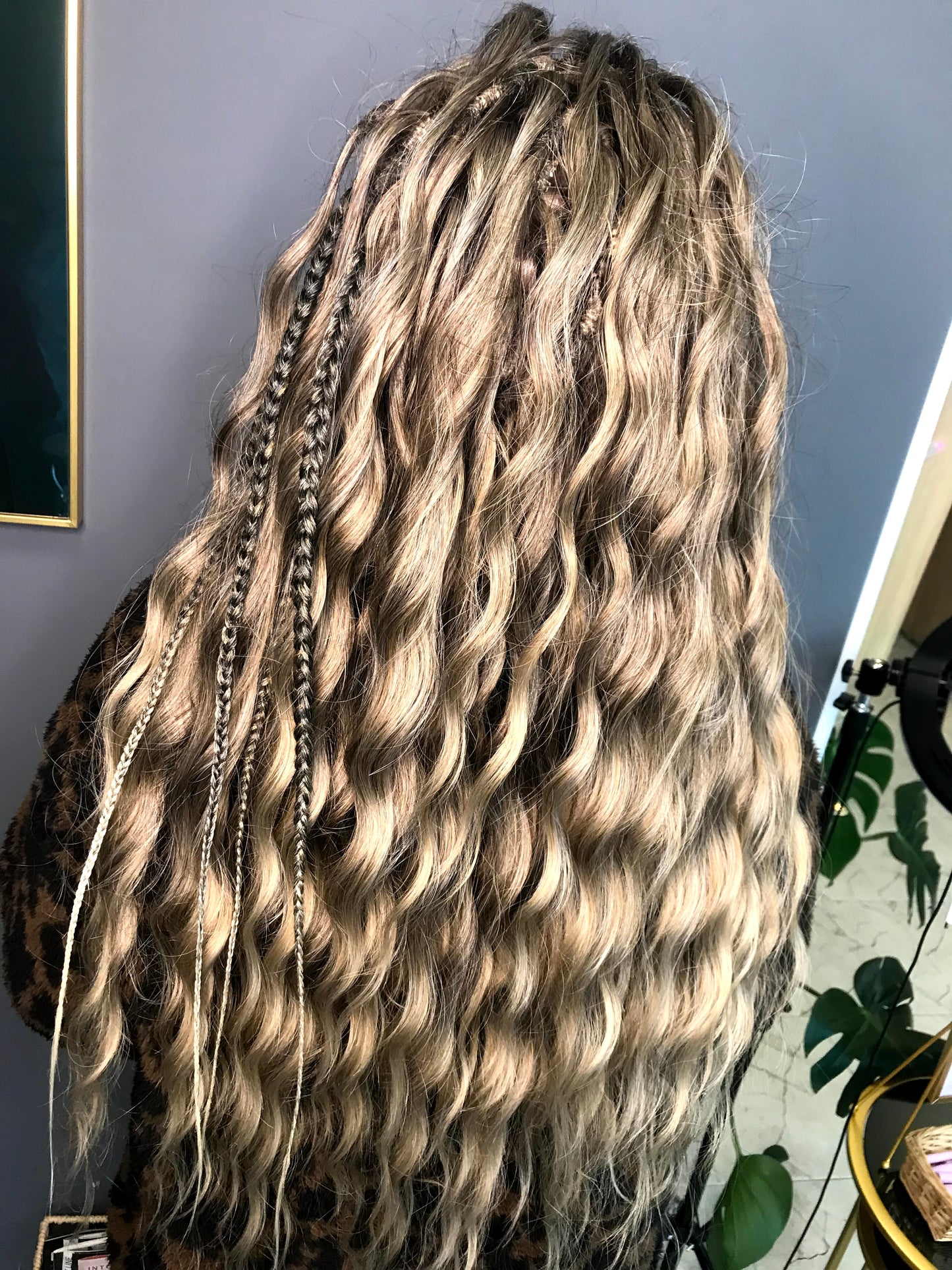 Ash ombre from light brown to wheat blonde soft, lightweight, and reusable synthetic brushable double ended wavy dreadlocks (regular dreaded, braided middle or push-up).