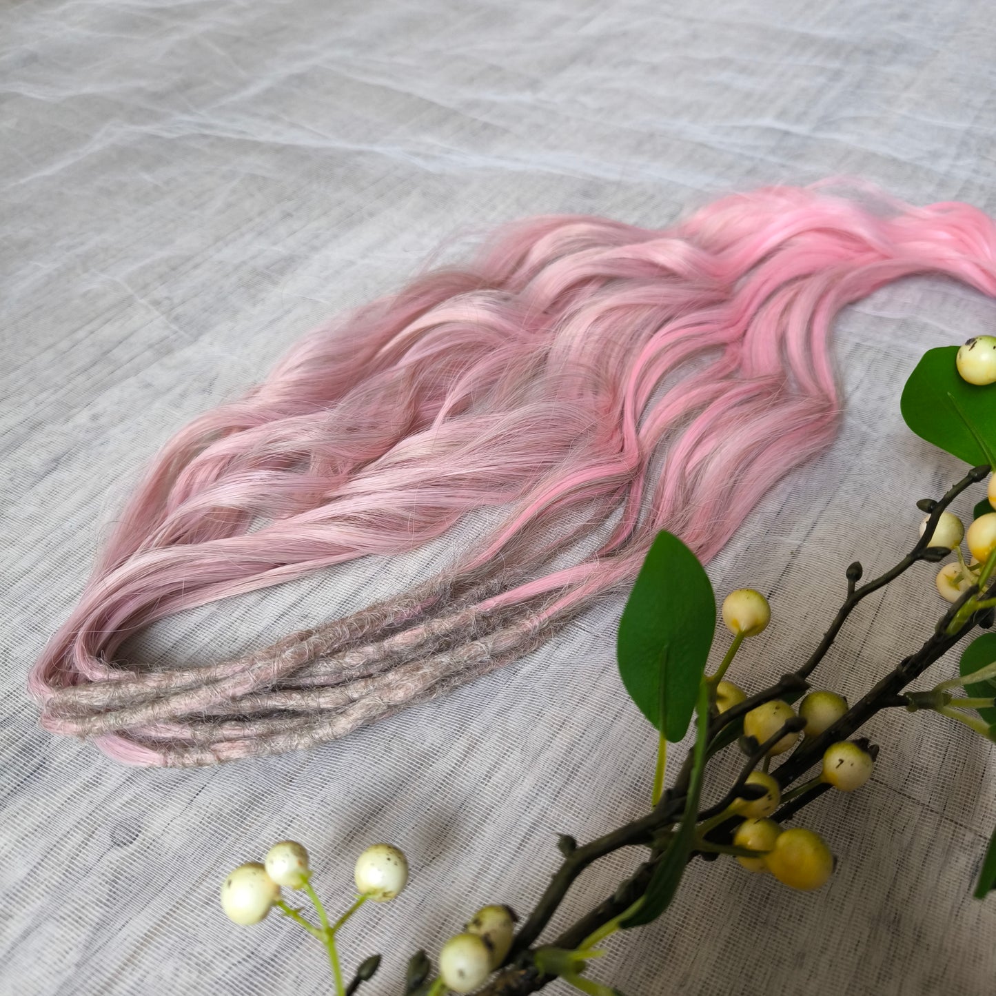 Soft lightweig and reusable brushable curls (regular dreaded, braided middle or pushup): ombre from ash dusty pink to soft pastel pink shade with a powdery undertone adds a touch of sweetness and magic to your style. Perfect for festival vibes, whimsical photo shoots, or simply adding a little fairytale charm to your everyday look.