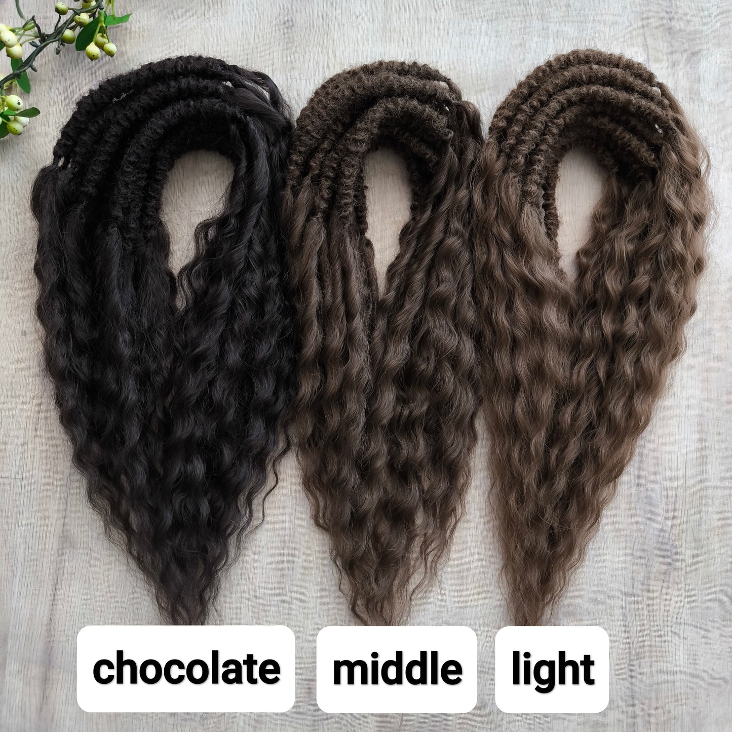 Soft, lightweight, and reusable synthetic sets of regular double ended curls (NOT BRUSHABLE) in brown shades:
1. dark chocolate brown;
2. middle brown
3. light brown