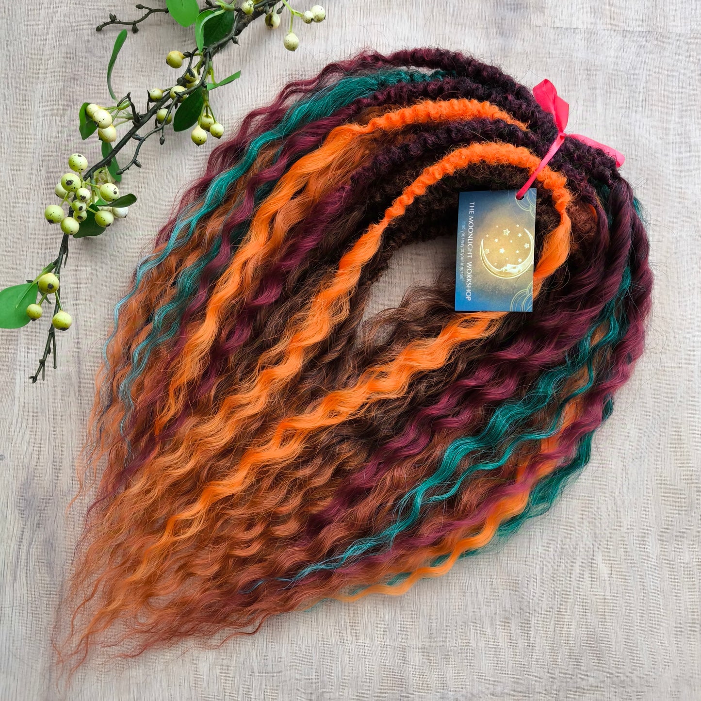 Soft, lightweight, and reusable synthetic double ended regular curls (NOT BRUSHABLE): copper, bronze, burgundy, ombre from chestnut to copper, orange, and green colors.