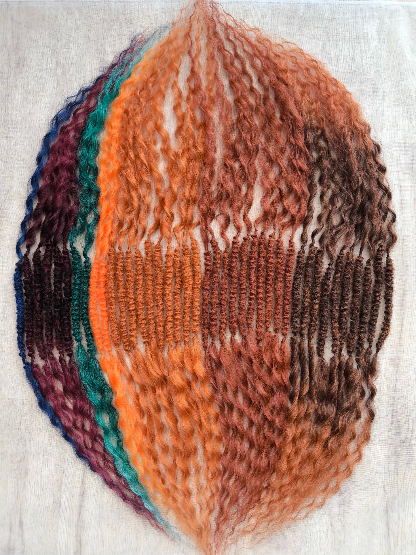 Soft, lightweight, and reusable synthetic double ended regular curls (NOT BRUSHABLE): copper, bronze, burgundy, ombre from chestnut to copper, orange, and green colors.
