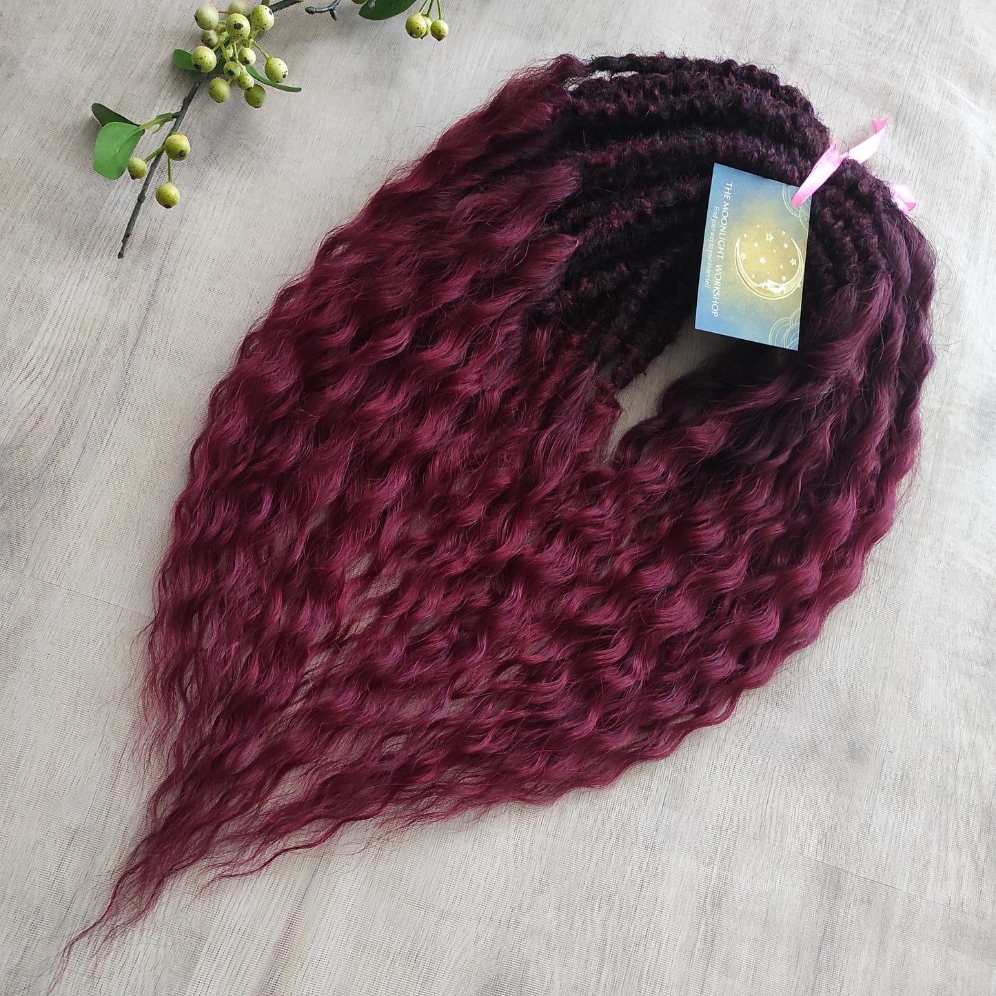 Burgundy dreaded curls (regular or push-up/Dolly): soft synthetic maroon wavy dreadlocks
