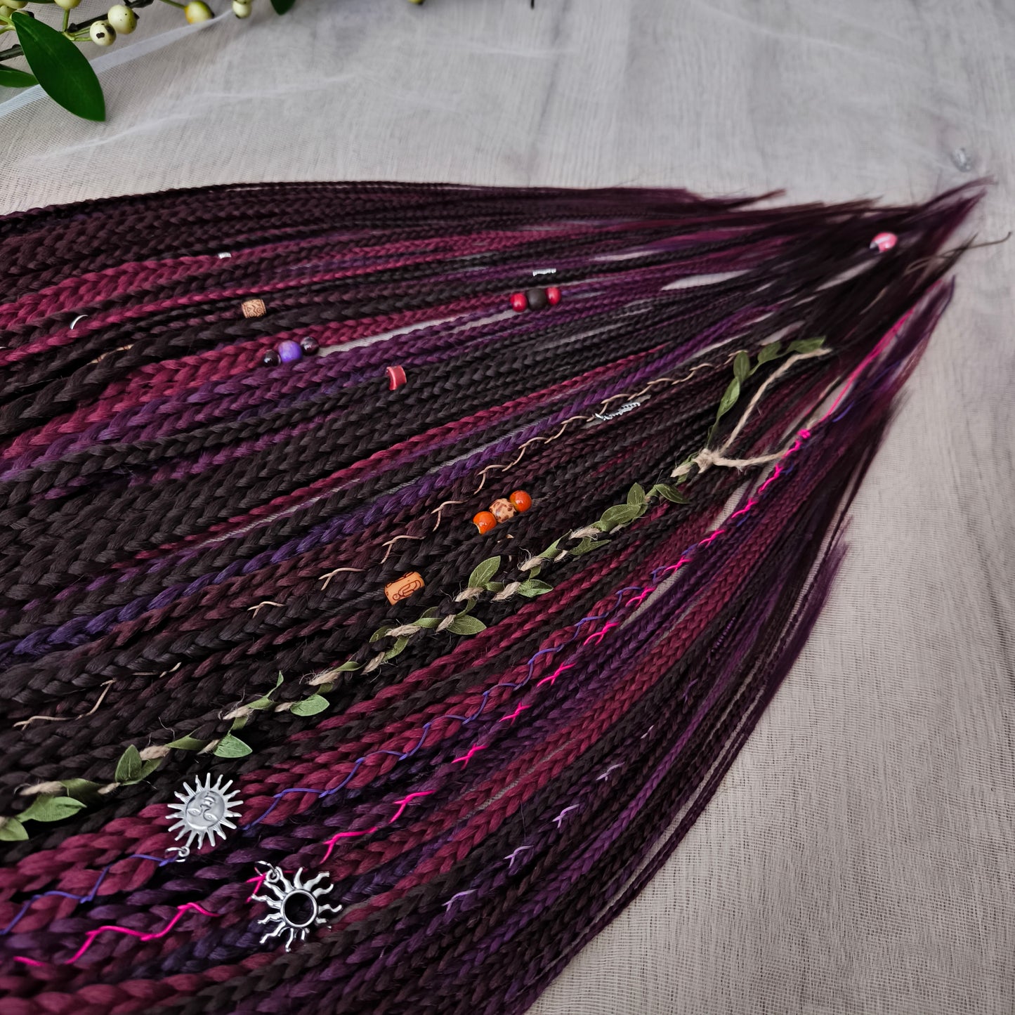 Ready to ship: 55 synthetic double ended braids in brown, maroon, and purple colors 22-24"
