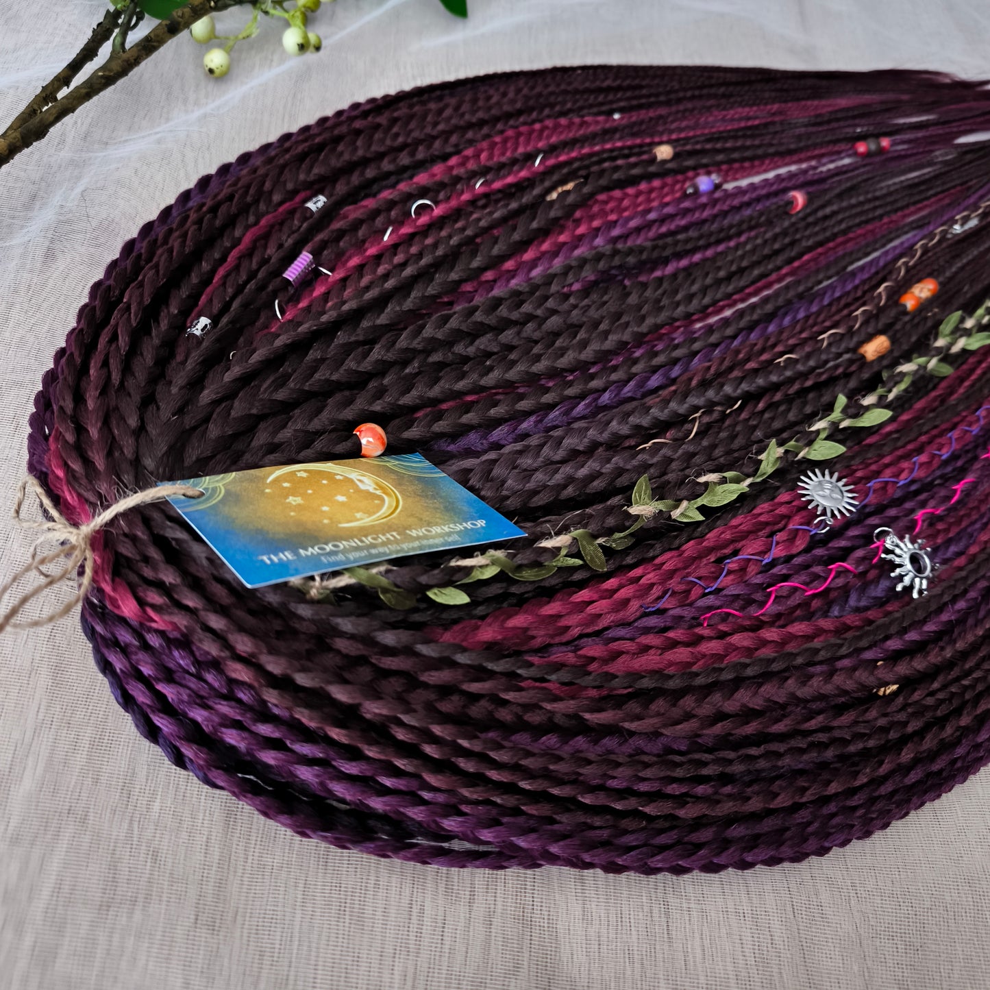 Ready to ship: 55 synthetic double ended braids in brown, maroon, and purple colors 22-24"