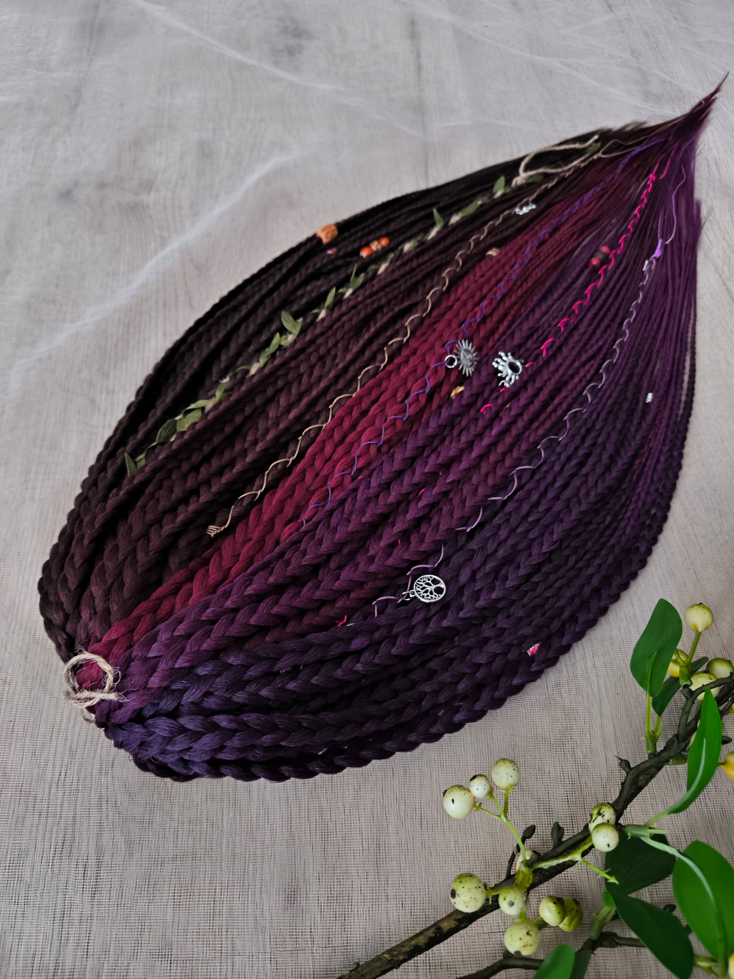 Ready to ship: 55 synthetic double ended braids in brown, maroon, and purple colors 22-24"