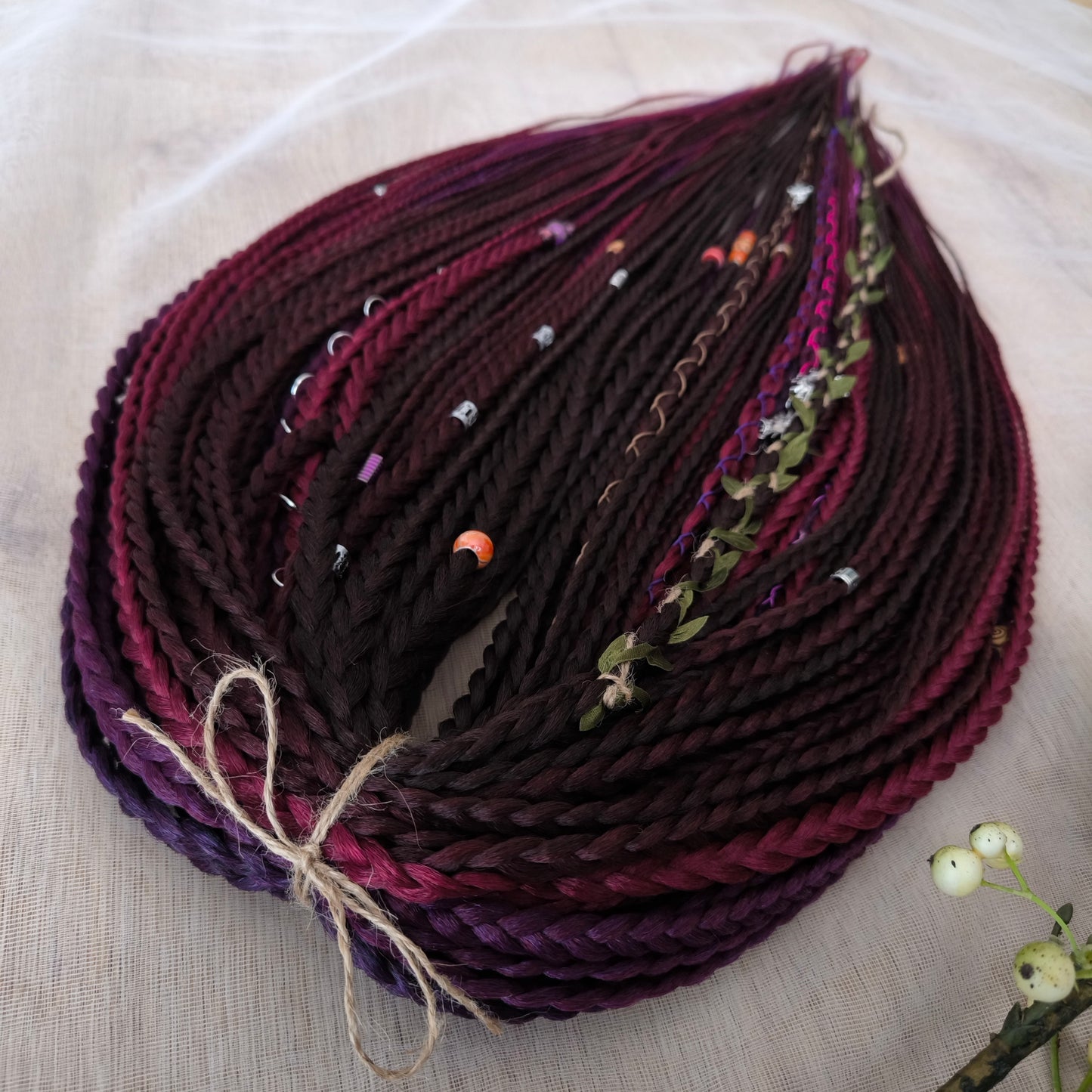 Ready to ship: 55 synthetic double ended braids in brown, maroon, and purple colors 22-24"