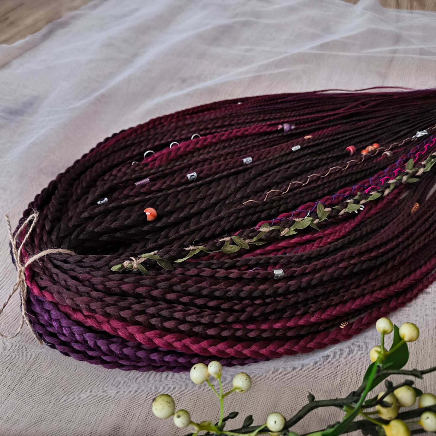 Ready to ship: 55 synthetic double ended braids in brown, maroon, and purple colors 22-24"