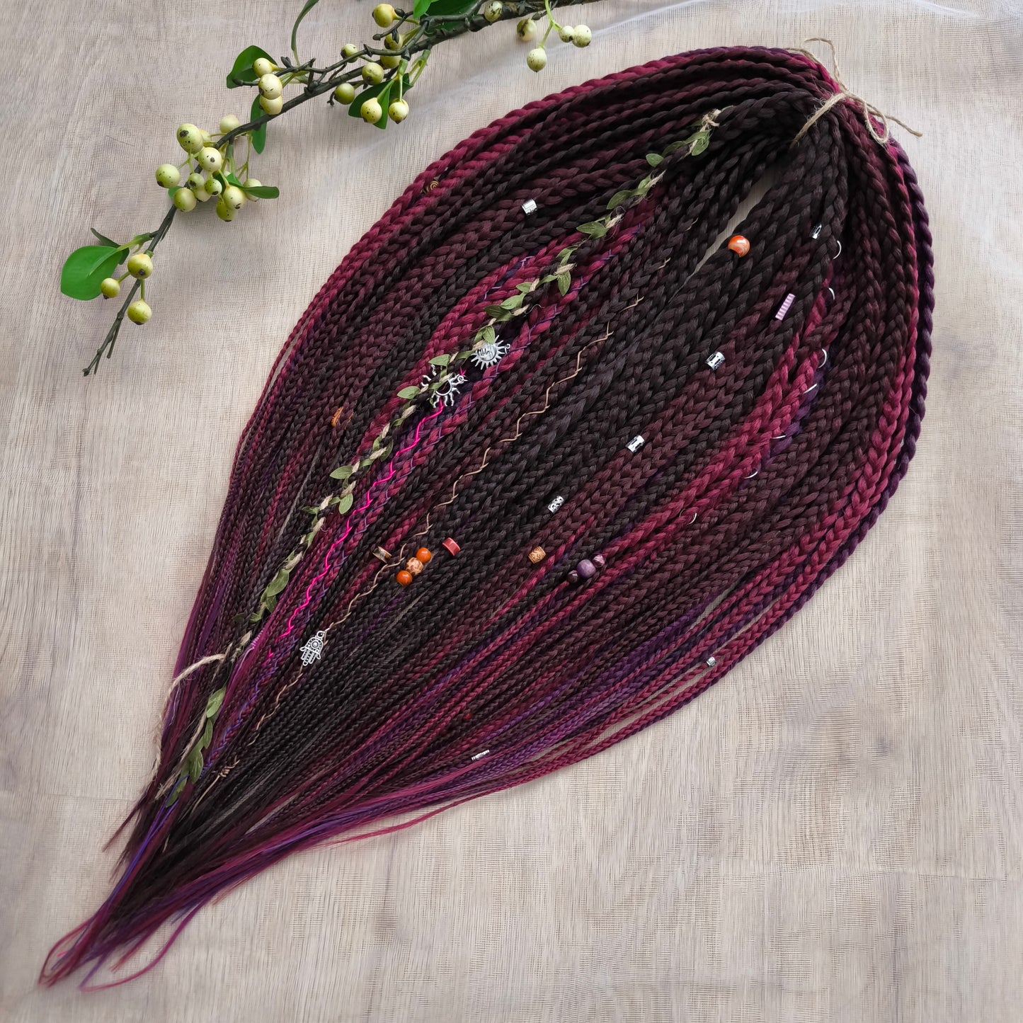 Ready to ship: 55 synthetic double ended braids in brown, maroon, and purple colors 22-24"