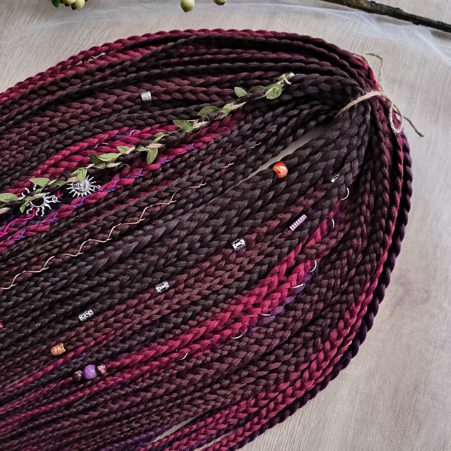 Ready to ship: 55 synthetic double ended braids in brown, maroon, and purple colors 22-24"