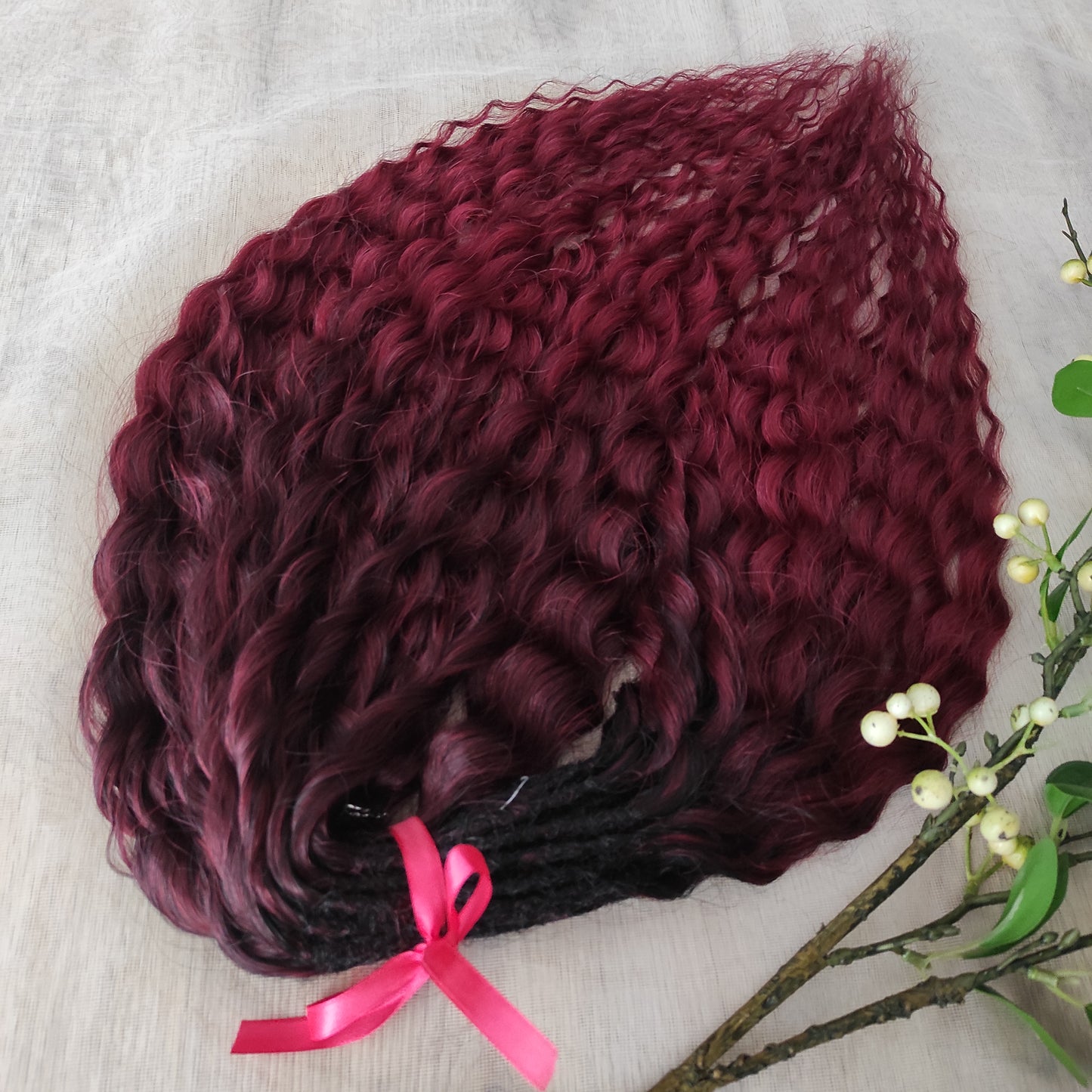 Burgundy dreaded curls (regular or push-up/Dolly): soft synthetic maroon wavy dreadlocks