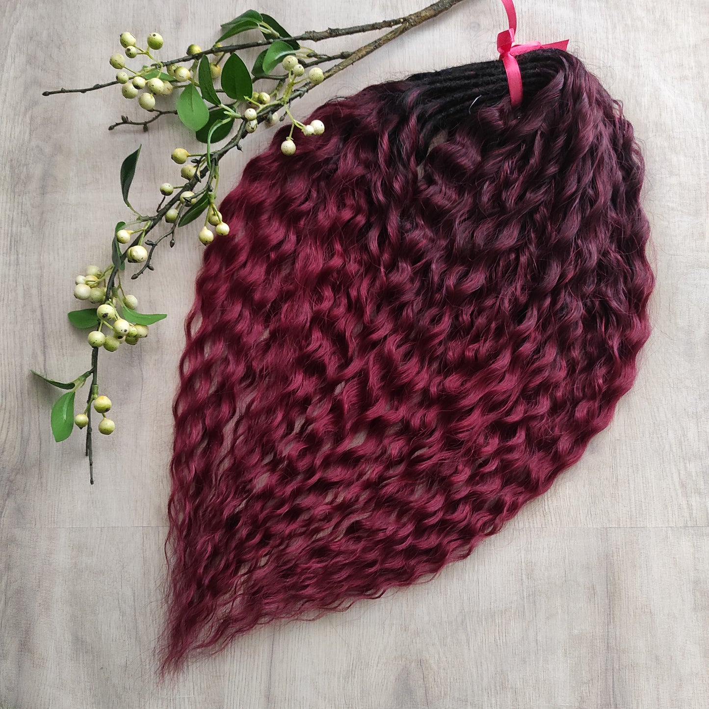 Burgundy dreaded curls (regular or push-up/Dolly): soft synthetic maroon wavy dreadlocks