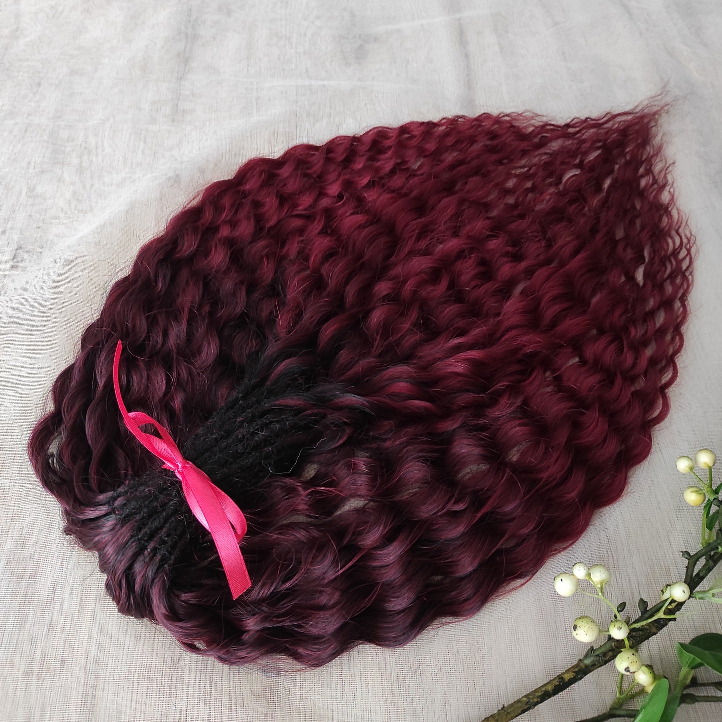 Burgundy dreaded curls (regular or push-up/Dolly): soft synthetic maroon wavy dreadlocks