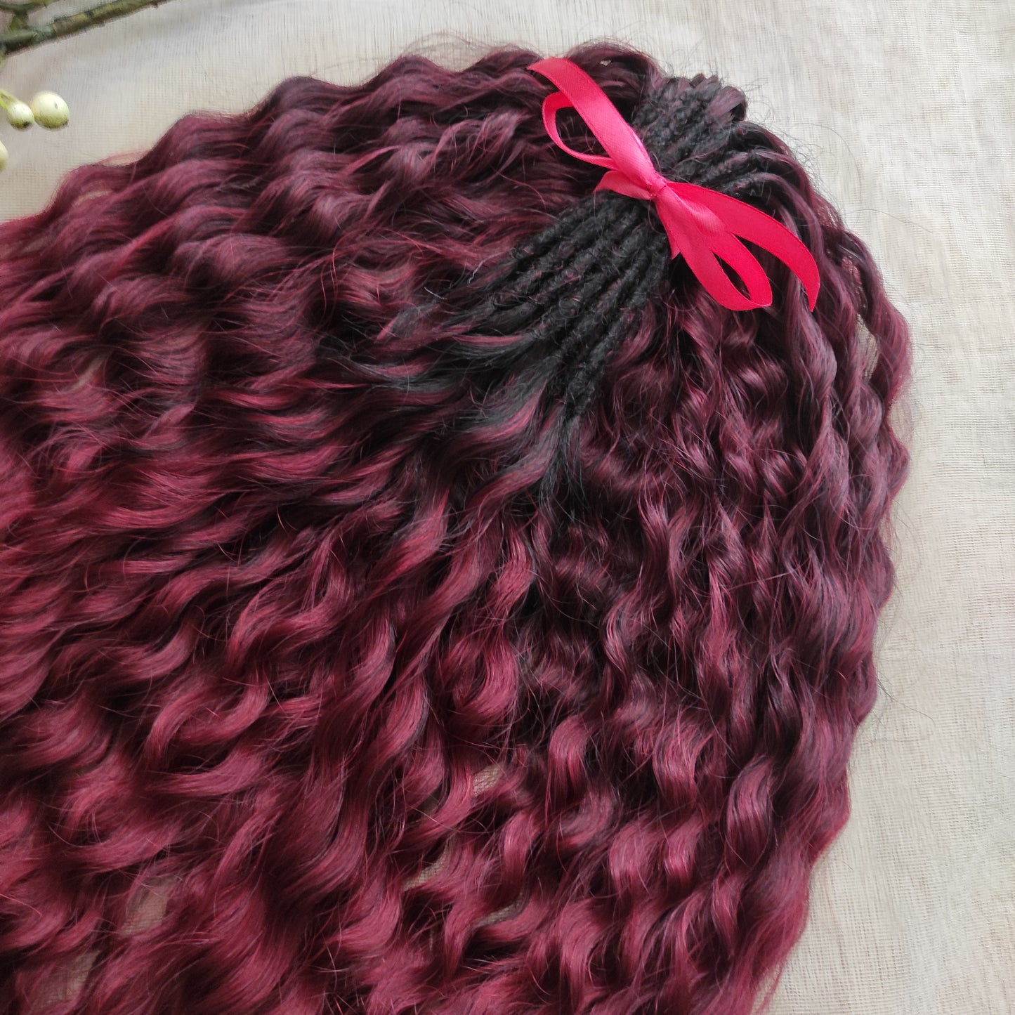 Burgundy dreaded curls (regular or push-up/Dolly): soft synthetic maroon wavy dreadlocks