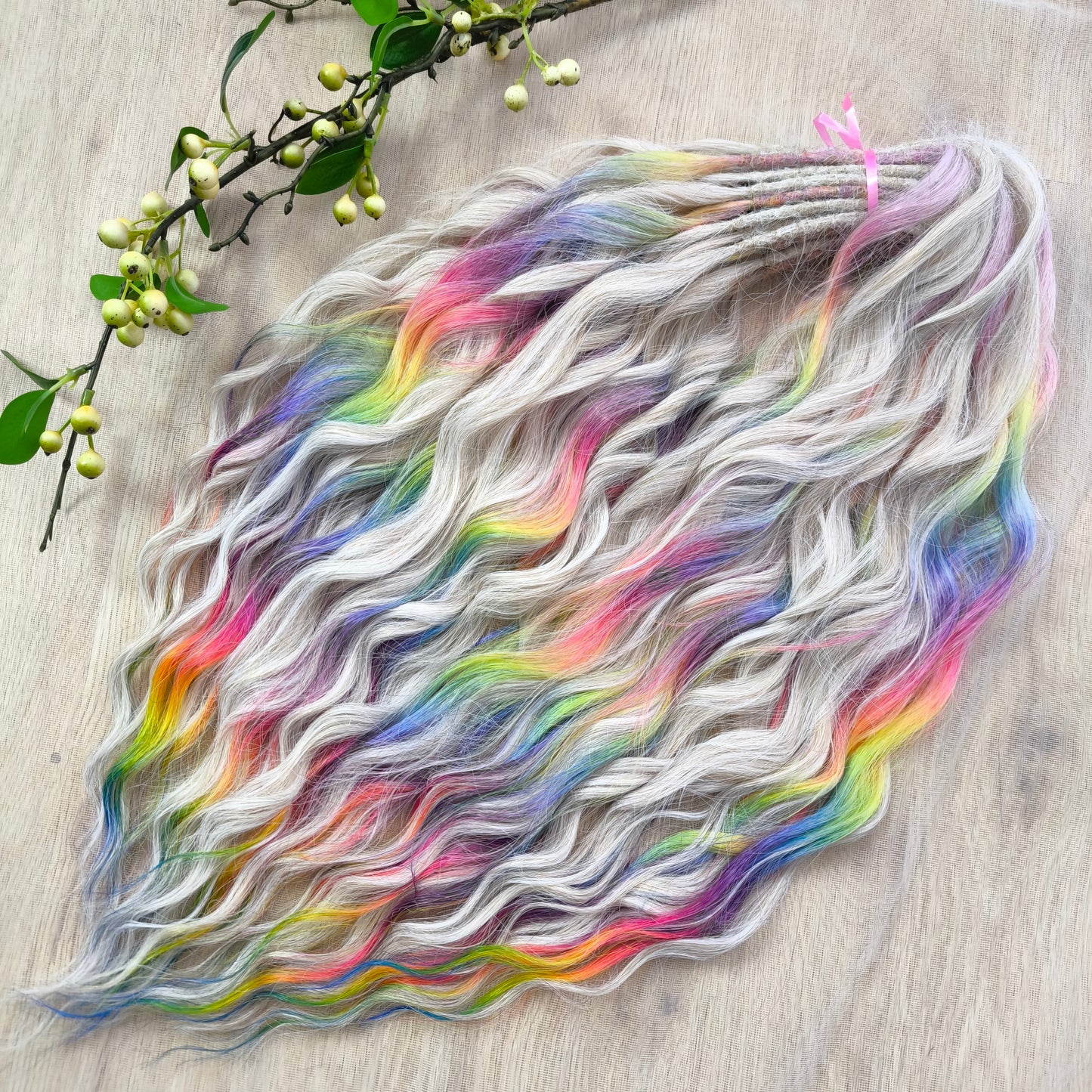 The mix of Platinum blonde and Rainbow/glitch/prism effect (2/3 parts of blonde + 1/3 part of rainbow) soft, lightweight, and reusable synthetic brushable double ended wavy dreadlocks (regular dreaded or push-up).