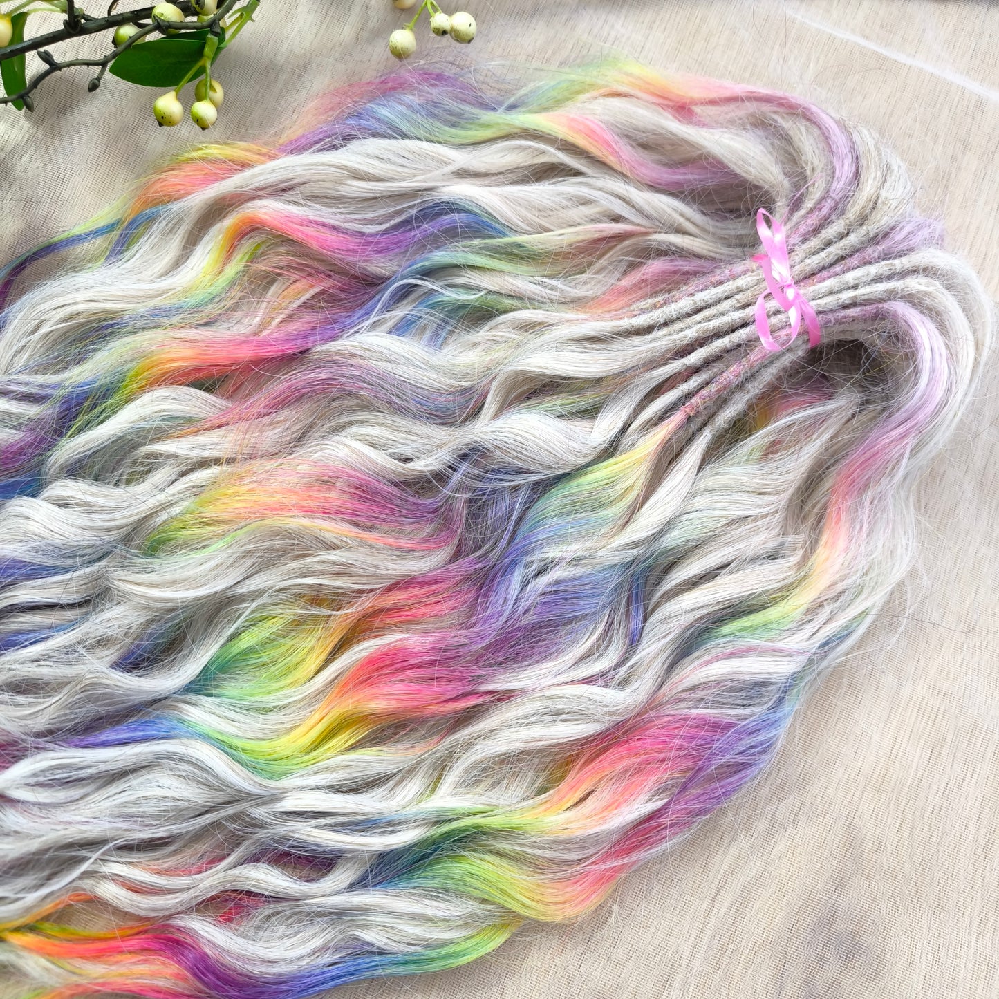 The mix of Platinum blonde and Rainbow/glitch/prism effect (2/3 parts of blonde + 1/3 part of rainbow) soft, lightweight, and reusable synthetic brushable double ended wavy dreadlocks (regular dreaded or push-up).