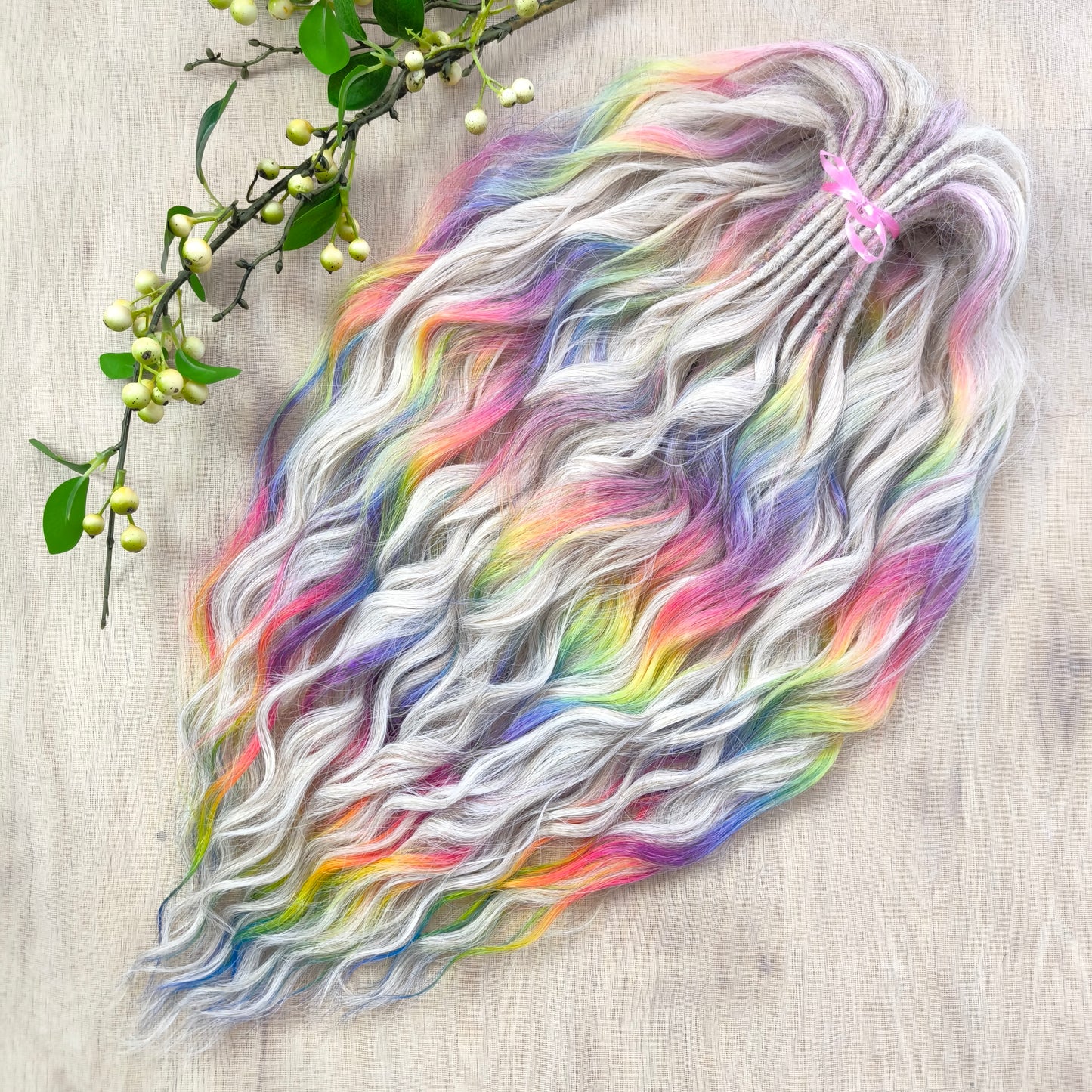 The mix of Platinum blonde and Rainbow/glitch/prism effect (2/3 parts of blonde + 1/3 part of rainbow) soft, lightweight, and reusable synthetic brushable double ended wavy dreadlocks (regular dreaded or push-up).