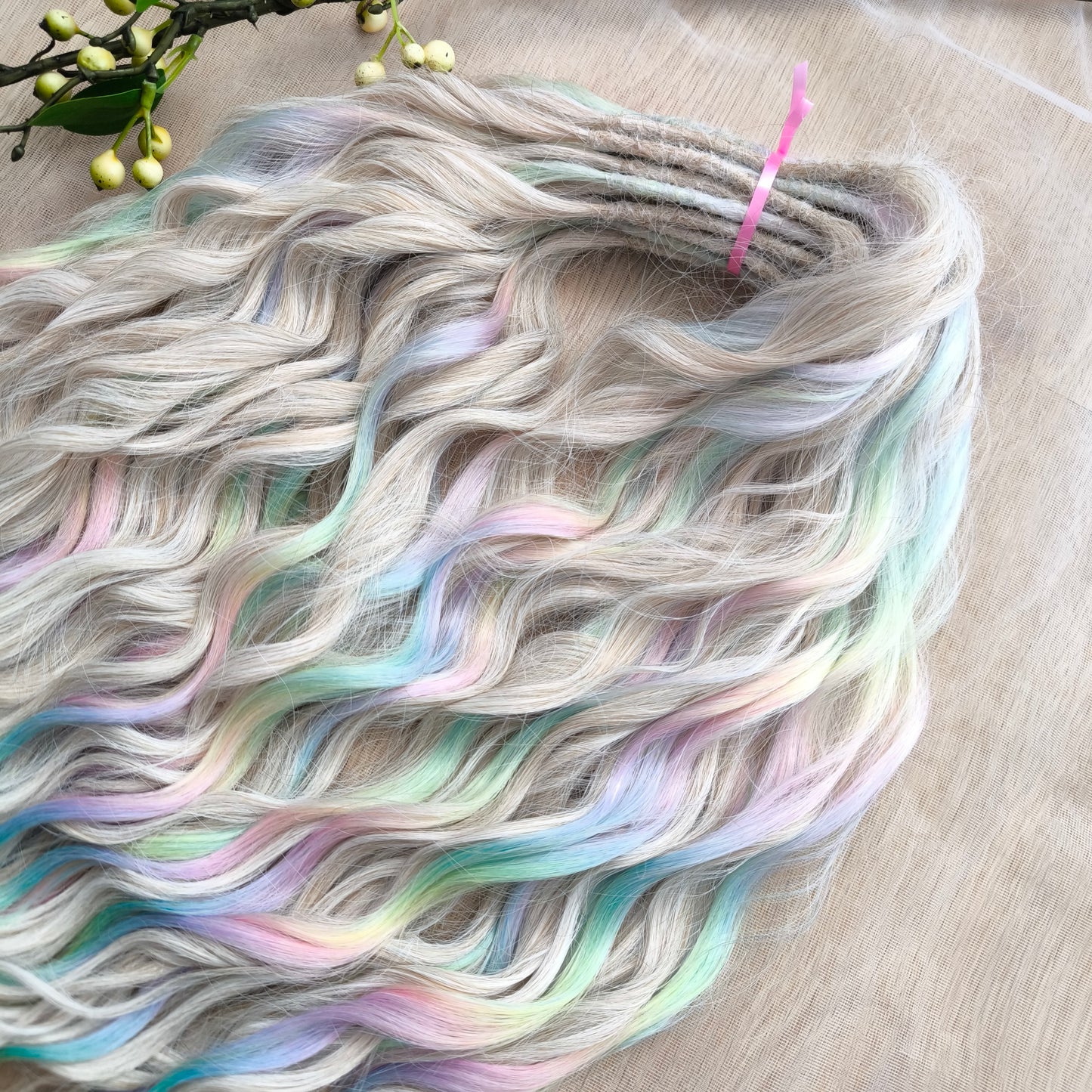 The mix of Platinum blonde and Rainbow/glitch/prism effect (2/3 parts of blonde + 1/3 part of rainbow) soft, lightweight, and reusable synthetic brushable double ended wavy dreadlocks (regular dreaded or push-up).
