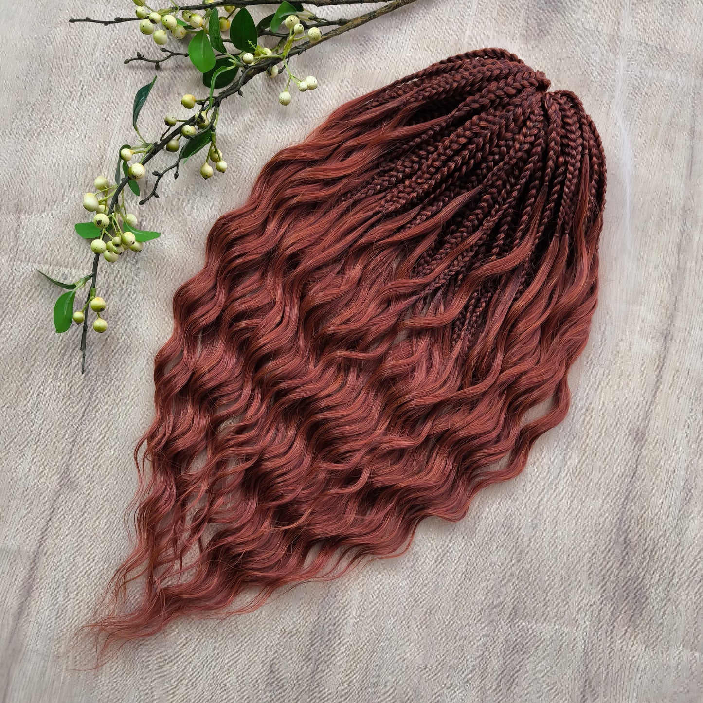 This rich, earthy shade of deep rusty red blends fiery energy with natural elegance — perfect for those who want a bold yet grounded look. Soft, lightweight, and reusable synthetic dreaded curls (standard dreaded, braided middle or push-up). Natural-looking waves let you brush these curls, which keeps them looking good longer!