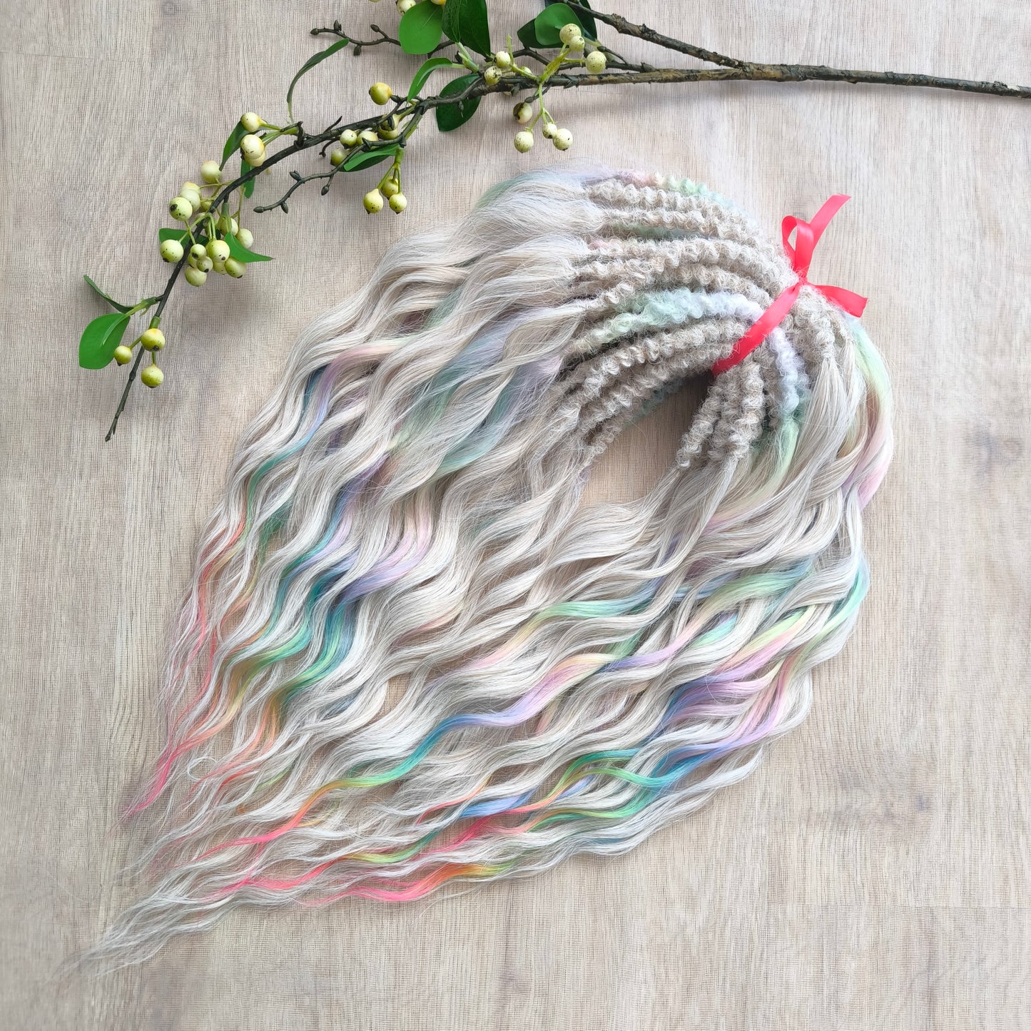 The mix of Platinum blonde and Rainbow/glitch/prism effect (2/3 parts of blonde + 1/3 part of rainbow) soft, lightweight, and reusable synthetic brushable double ended wavy dreadlocks (regular dreaded or push-up).