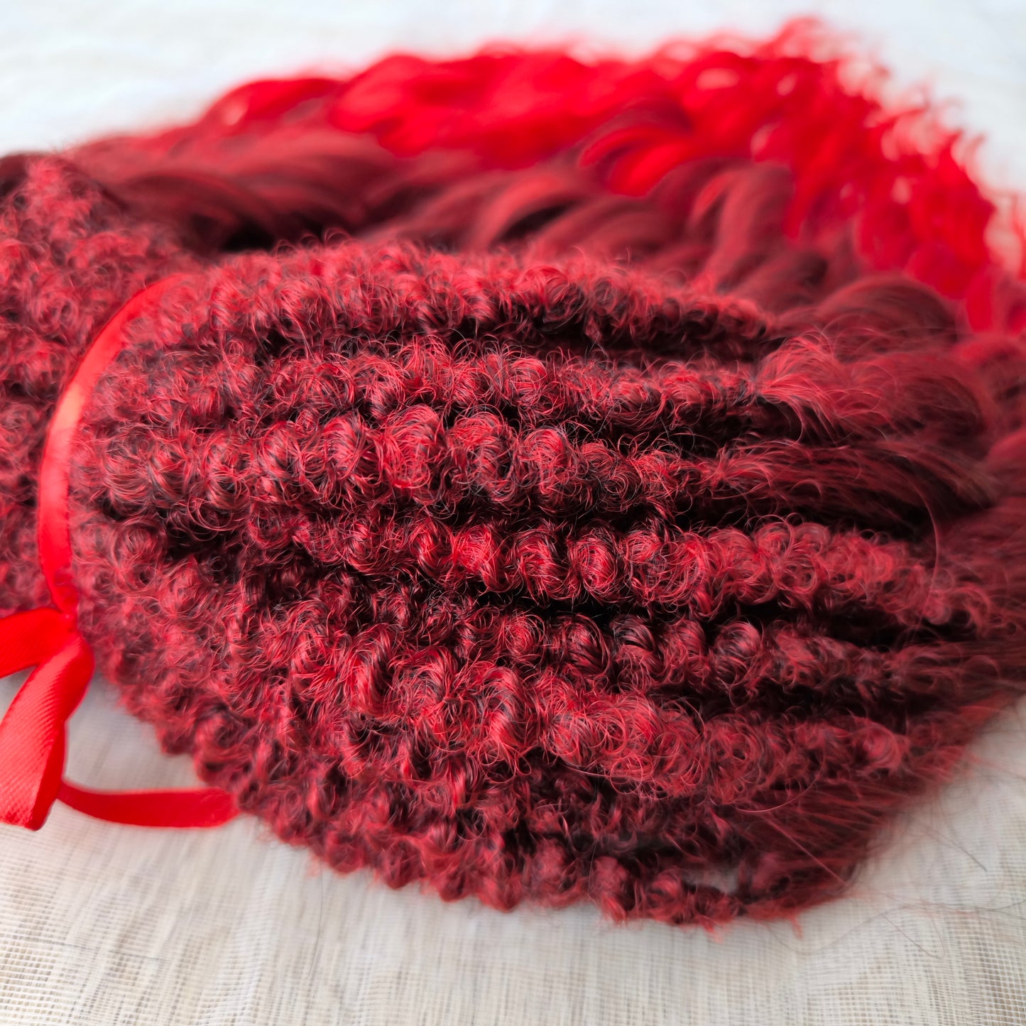 Ombre dark red to bloody red brushable, soft, lightweight, and reusable synthetic dreaded curls (standard dreaded or push-up)