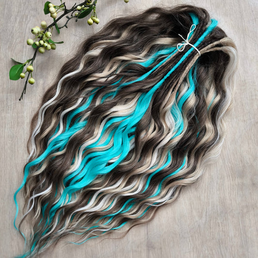 Brown, 2 shades of blonde, and turquoise green soft, lightweight, and reusable synthetic brushable double-ended wavy dreadlocks (regular dreaded or push-up)