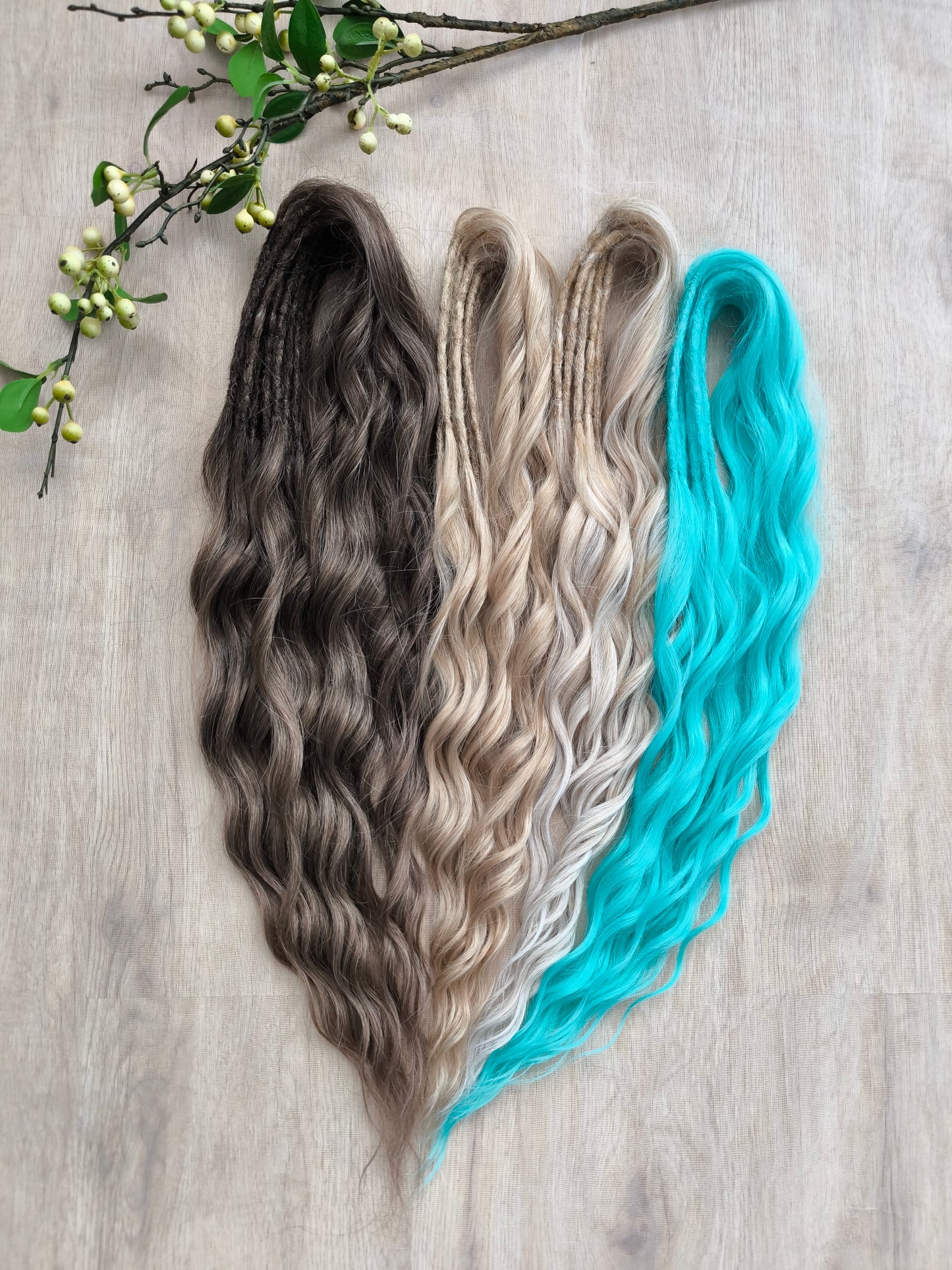 Brown, 2 shades of blonde, and turquoise green soft, lightweight, and reusable synthetic brushable double-ended wavy dreadlocks (regular dreaded or push-up)