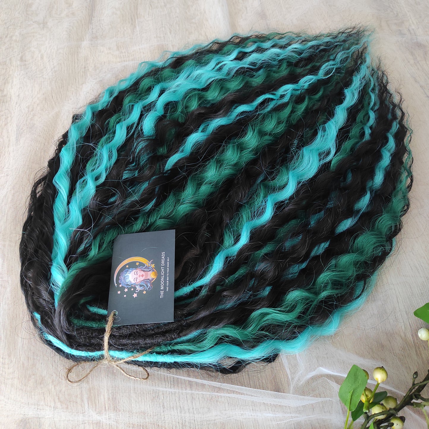 Dark brown/Black, forest green, and turquoise green set of 50 double ended synthetic non-brushable regular dreaded curls.