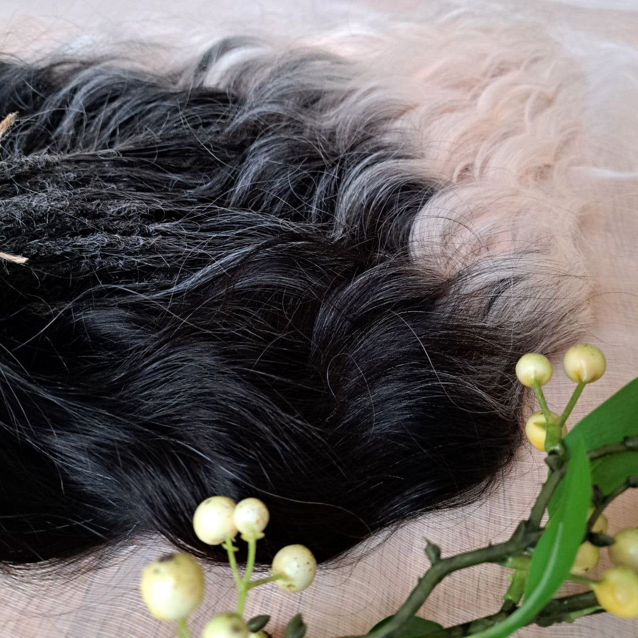 Ombre from black to light pink/blonde soft, lightweight, and reusable synthetic brushable double ended wavy dreadlocks (regular dreaded, braided middle or push-up).