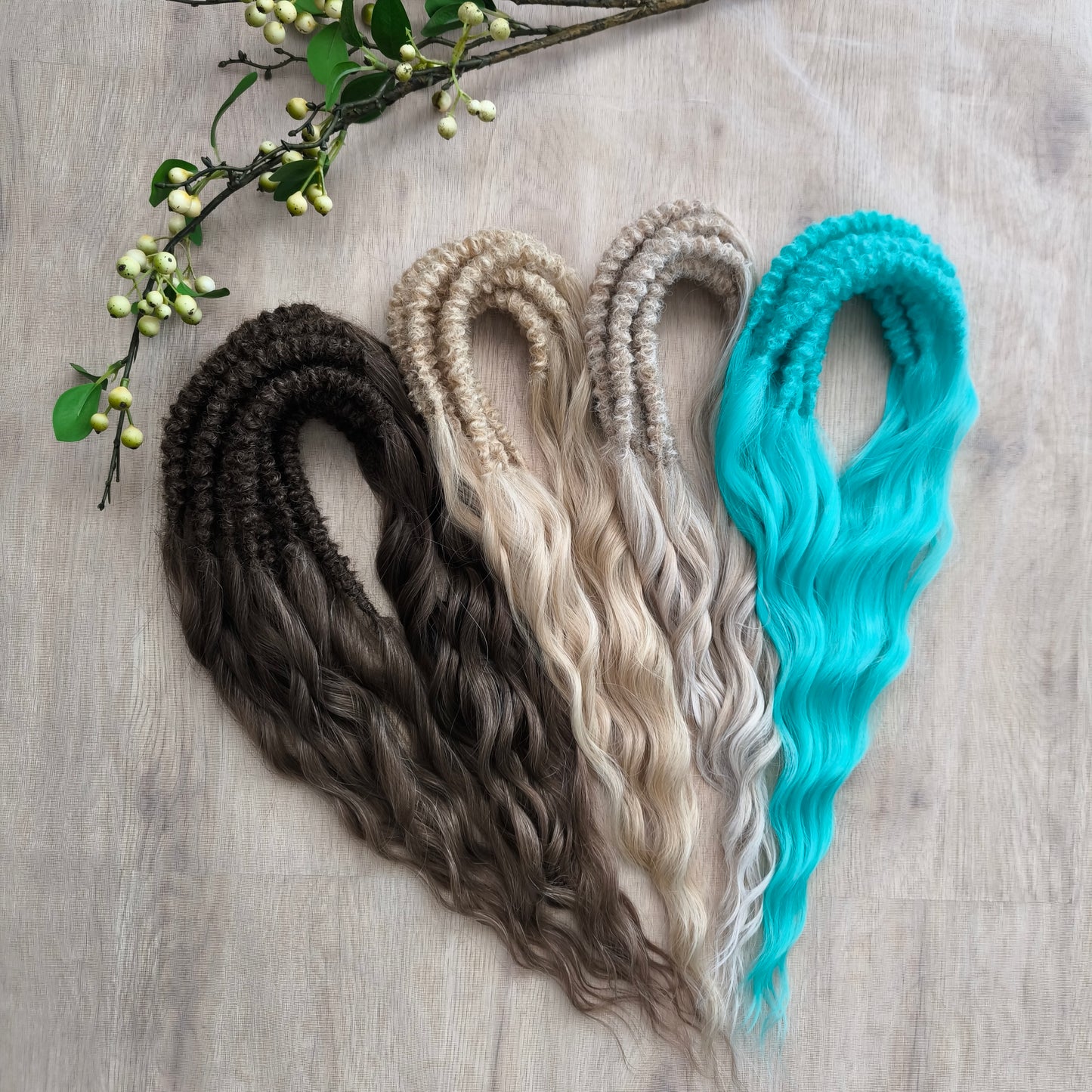 Arctic Mocha: mix of brown, blonde, and turquoise BRUSHABLE synthetic DE dreaded curls (regular, braided middle or push-up)