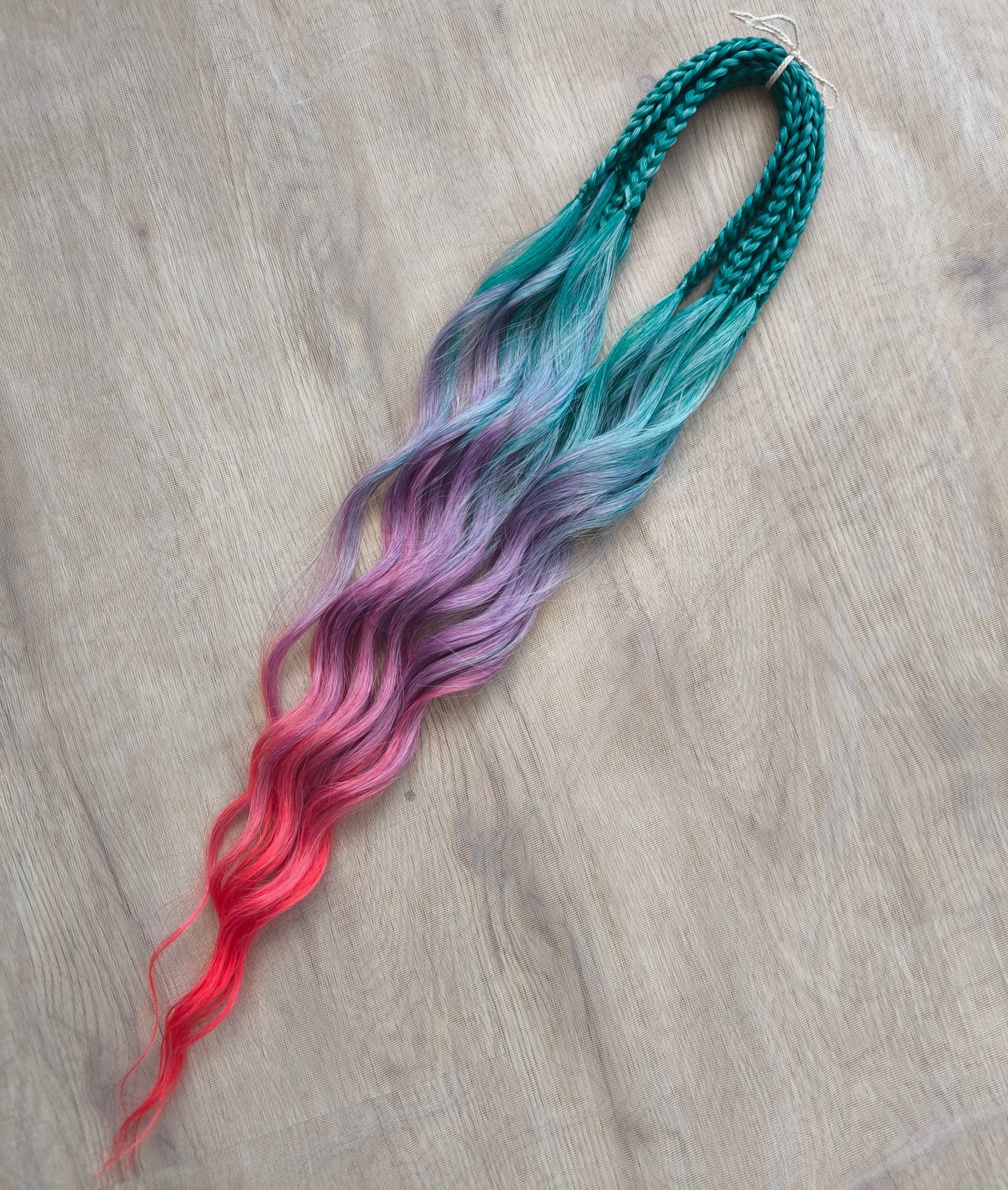 Colorful Rainbow prism (ombre from green to purple and red), soft, lightweight, and reusable synthetic sets of wavy double ended brushable dreadlocks.