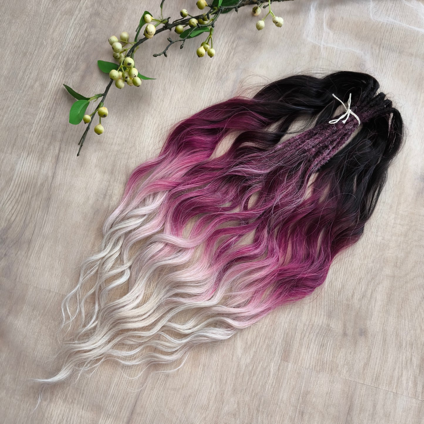 Ombre from dark chocolate brown to cherry/burgundy and platinum blonde: soft, lightweight, and reusable synthetic brushable double ended wavy dreadlocks (regular dreaded or push-up).