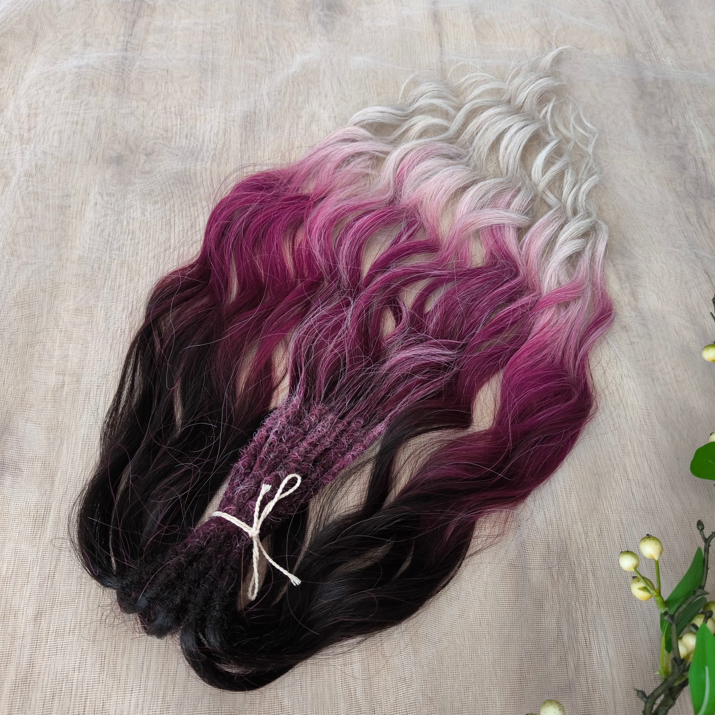 Ombre from dark chocolate brown to cherry/burgundy and platinum blonde: soft, lightweight, and reusable synthetic brushable double ended wavy dreadlocks (regular dreaded or push-up).