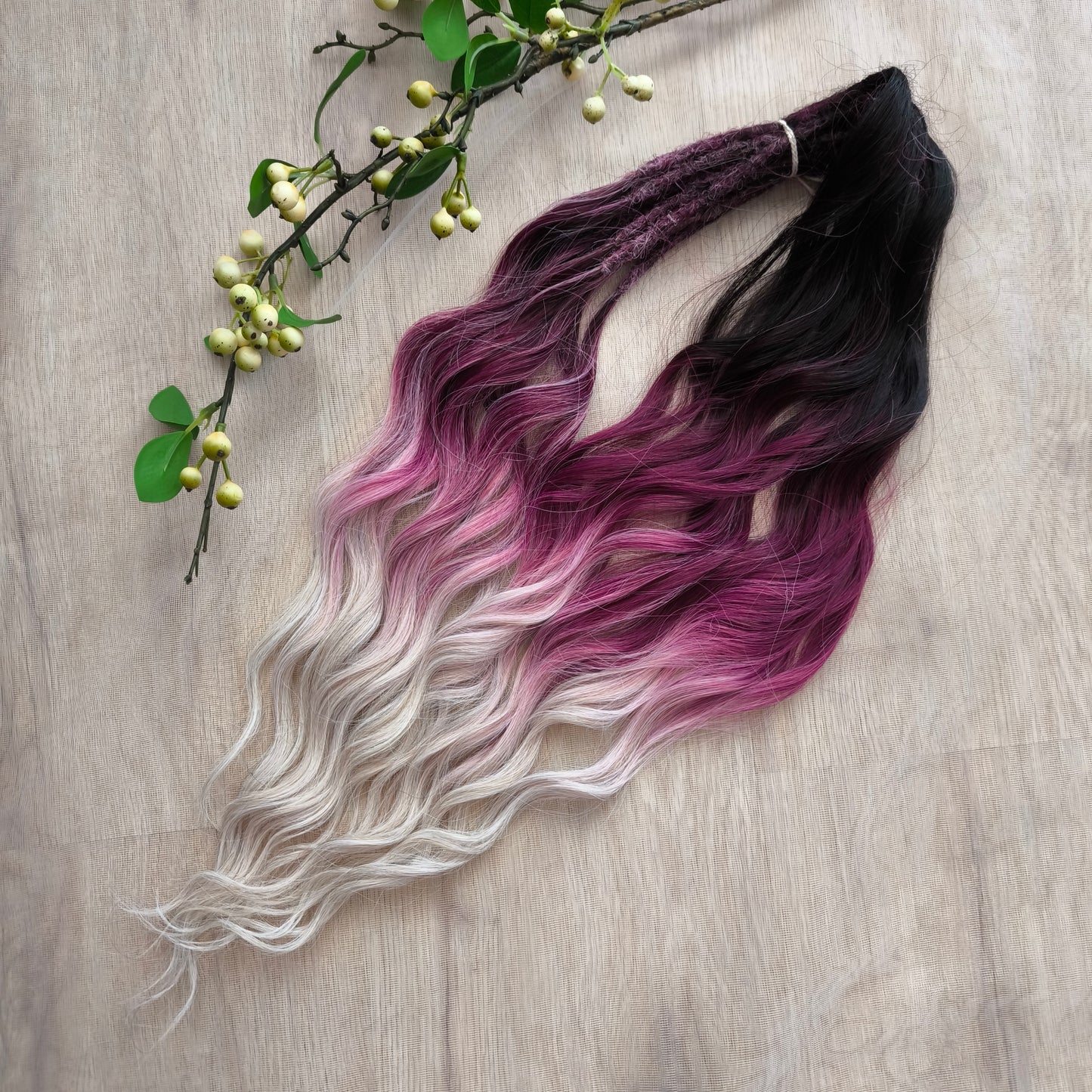 Ombre from dark chocolate brown to cherry/burgundy and platinum blonde: soft, lightweight, and reusable synthetic brushable double ended wavy dreadlocks (regular dreaded or push-up).