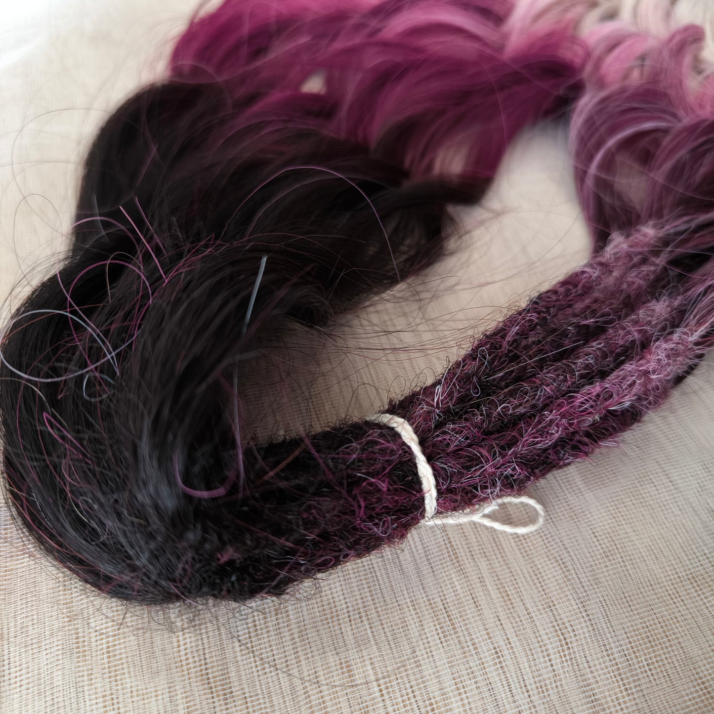 Ombre from dark chocolate brown to cherry/burgundy and platinum blonde: soft, lightweight, and reusable synthetic brushable double ended wavy dreadlocks (regular dreaded or push-up).
