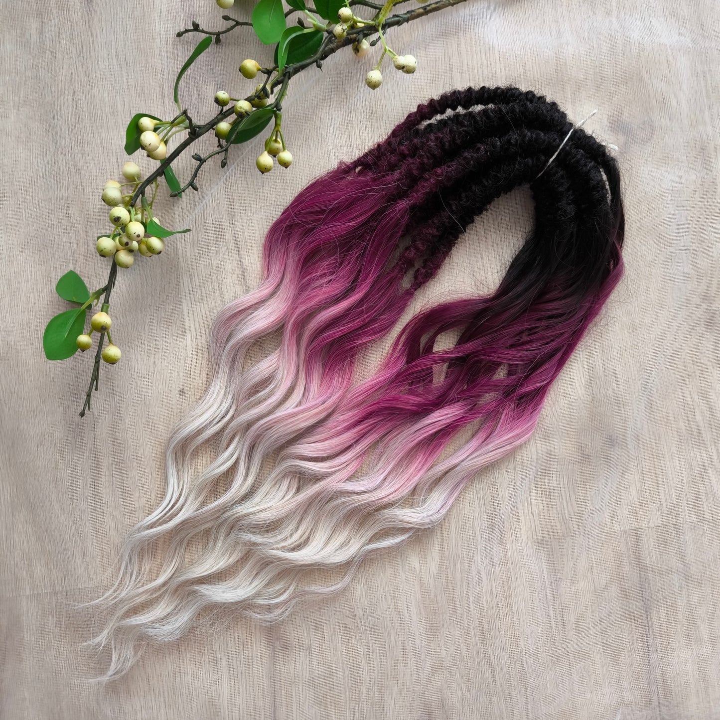 Ombre from dark chocolate brown to cherry/burgundy and platinum blonde: soft, lightweight, and reusable synthetic brushable double ended wavy dreadlocks (regular dreaded or push-up).
