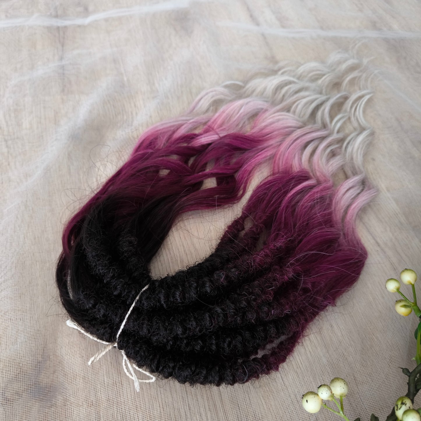 Ombre from dark chocolate brown to cherry/burgundy and platinum blonde: soft, lightweight, and reusable synthetic brushable double ended wavy dreadlocks (regular dreaded or push-up).