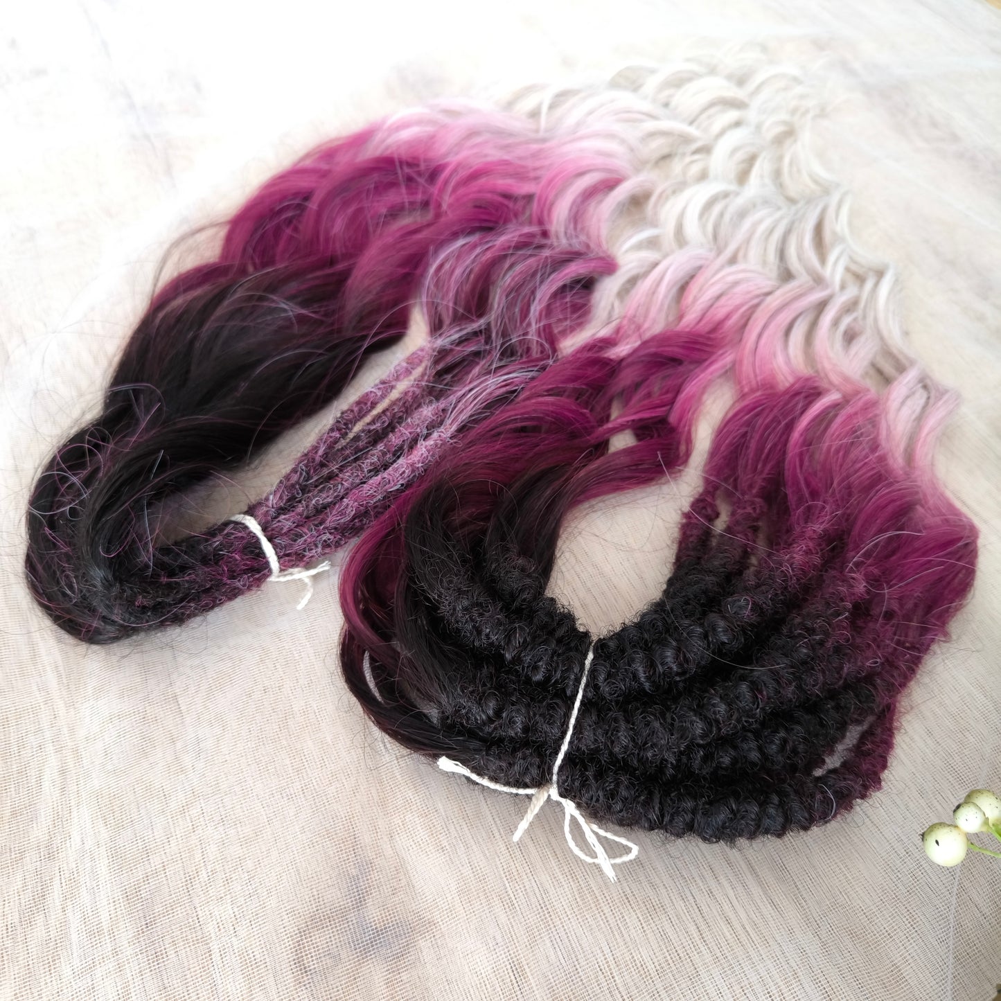 Ombre from dark chocolate brown to cherry/burgundy and platinum blonde: soft, lightweight, and reusable synthetic brushable double ended wavy dreadlocks (regular dreaded or push-up).