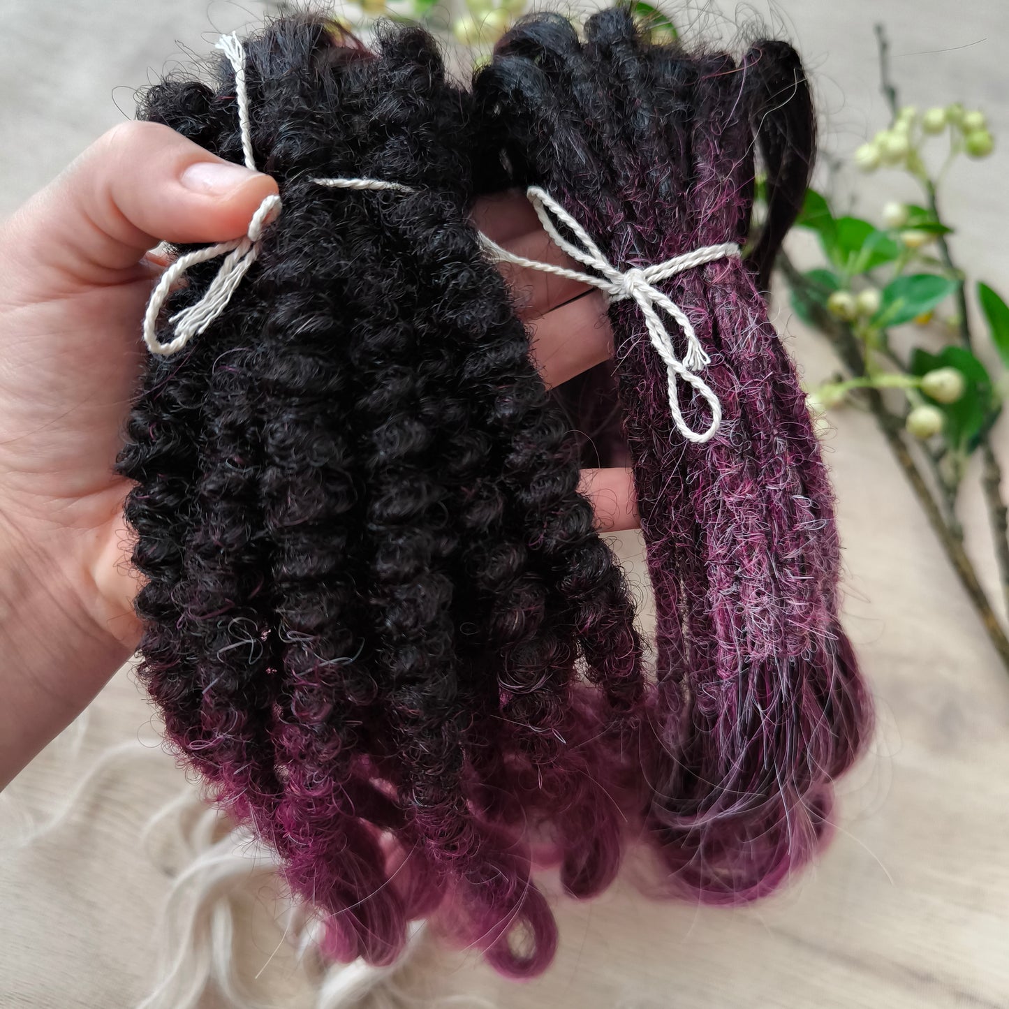 Ombre from dark chocolate brown to cherry/burgundy and platinum blonde: soft, lightweight, and reusable synthetic brushable double ended wavy dreadlocks (regular dreaded or push-up).