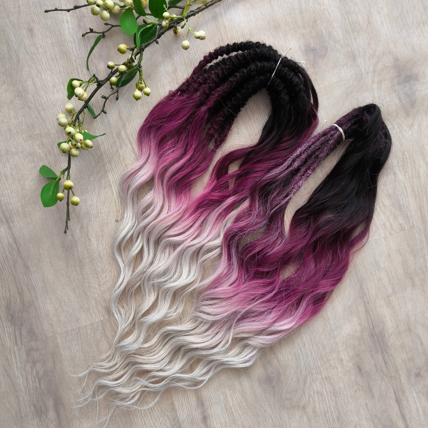 Ombre from dark chocolate brown to cherry/burgundy and platinum blonde: soft, lightweight, and reusable synthetic brushable double ended wavy dreadlocks (regular dreaded or push-up).