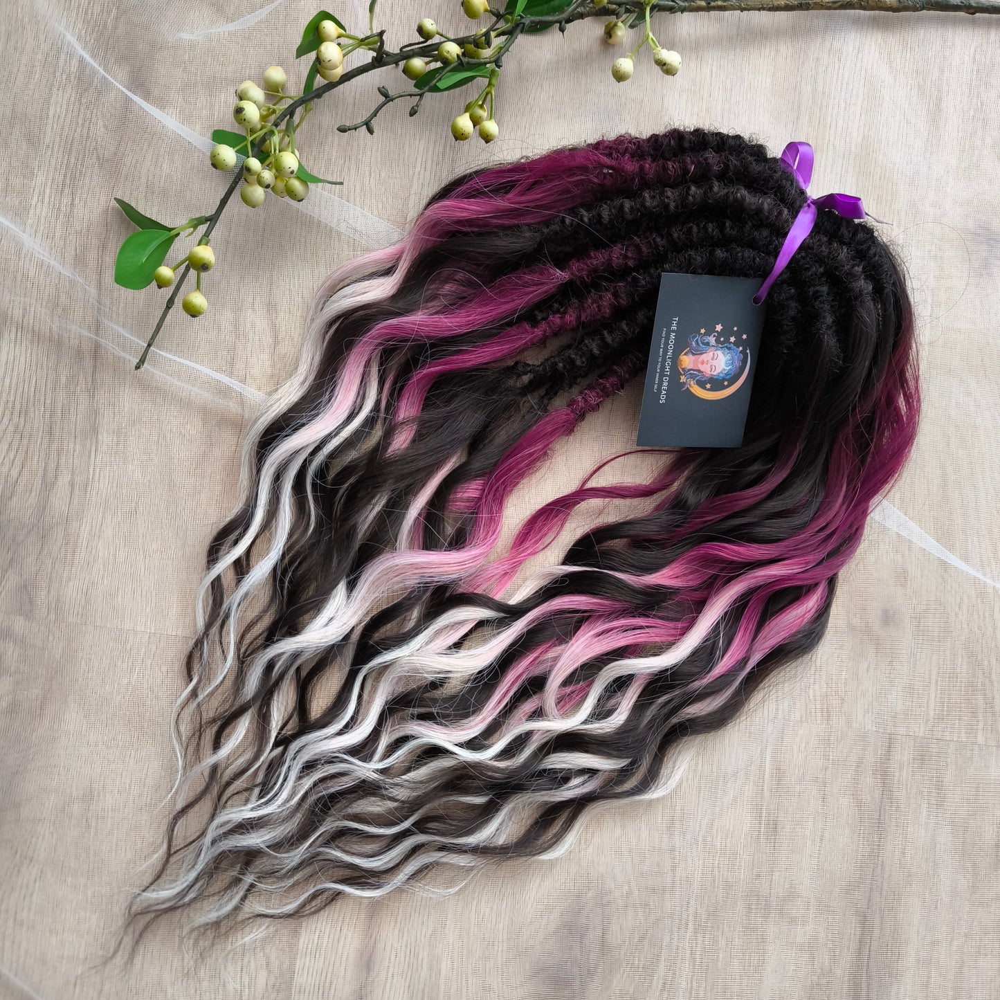 Velvet Twilight - handcrafted set features a rich gradient of deep chocolate brown, dark berry, magenta, and icy platinum - perfect for those who love a dramatic yet elegant look.
Soft, lightweight, and reusable synthetic brushable double ended wavy dreadlocks.