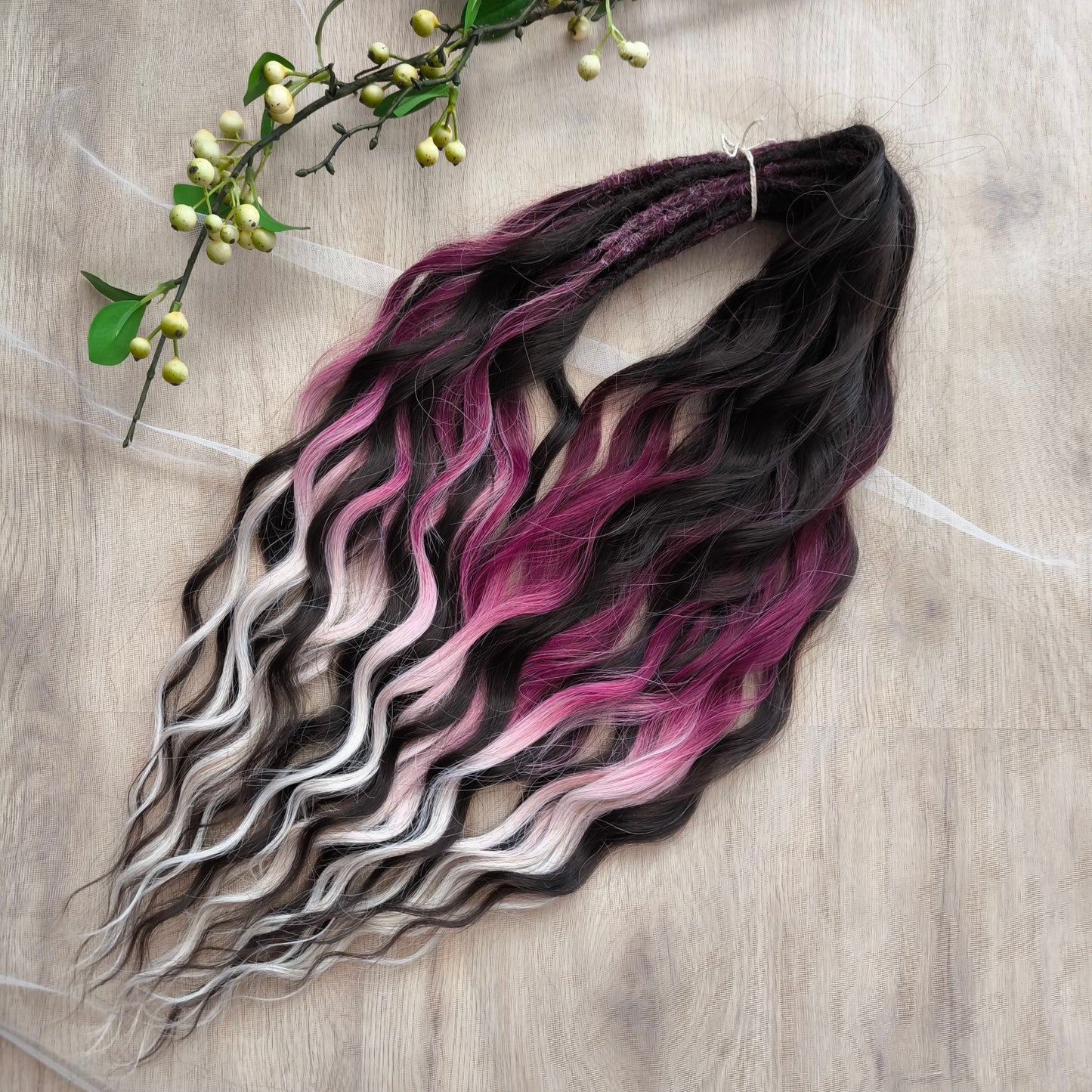 Velvet Twilight - handcrafted set features a rich gradient of deep chocolate brown, dark berry, magenta, and icy platinum - perfect for those who love a dramatic yet elegant look.
Soft, lightweight, and reusable synthetic brushable double ended wavy dreadlocks.